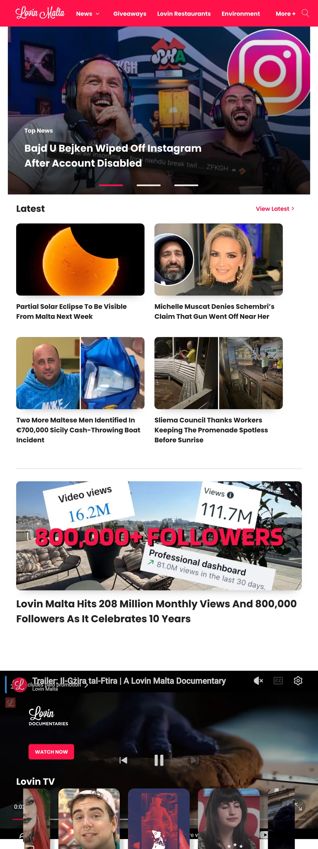 Screenshot of the Lovin Malta front page