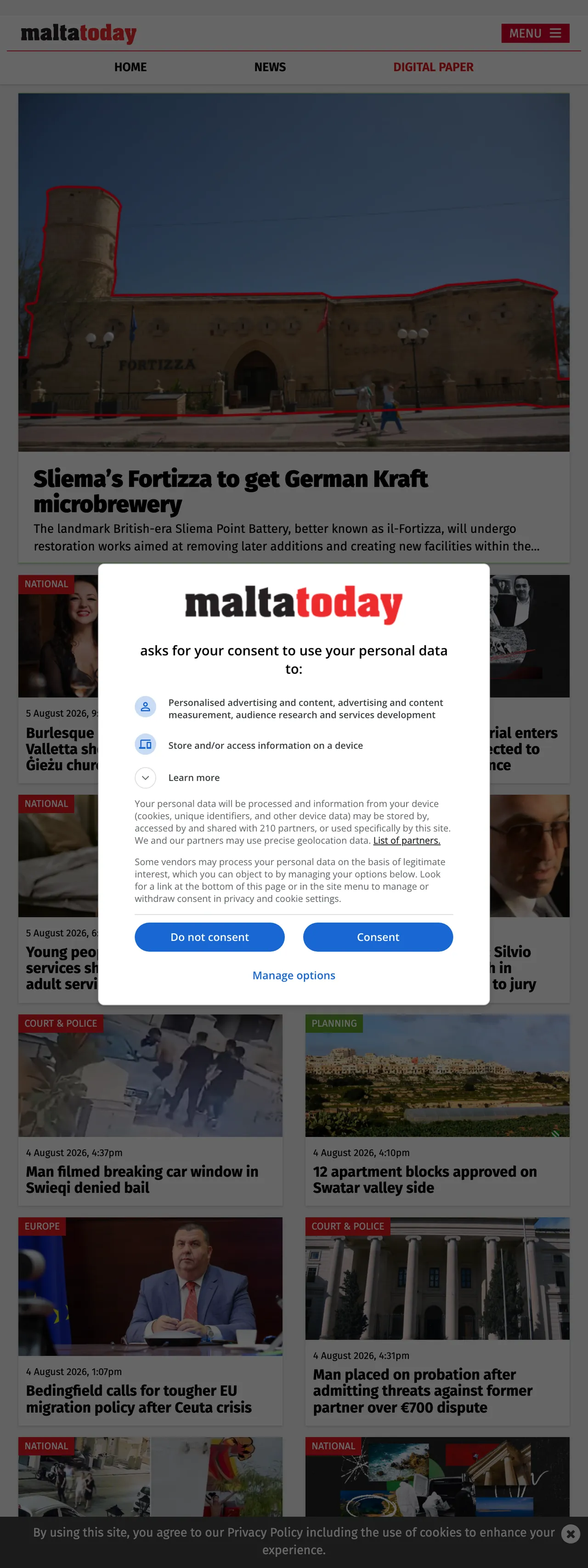 Screenshot of the Malta Today front page