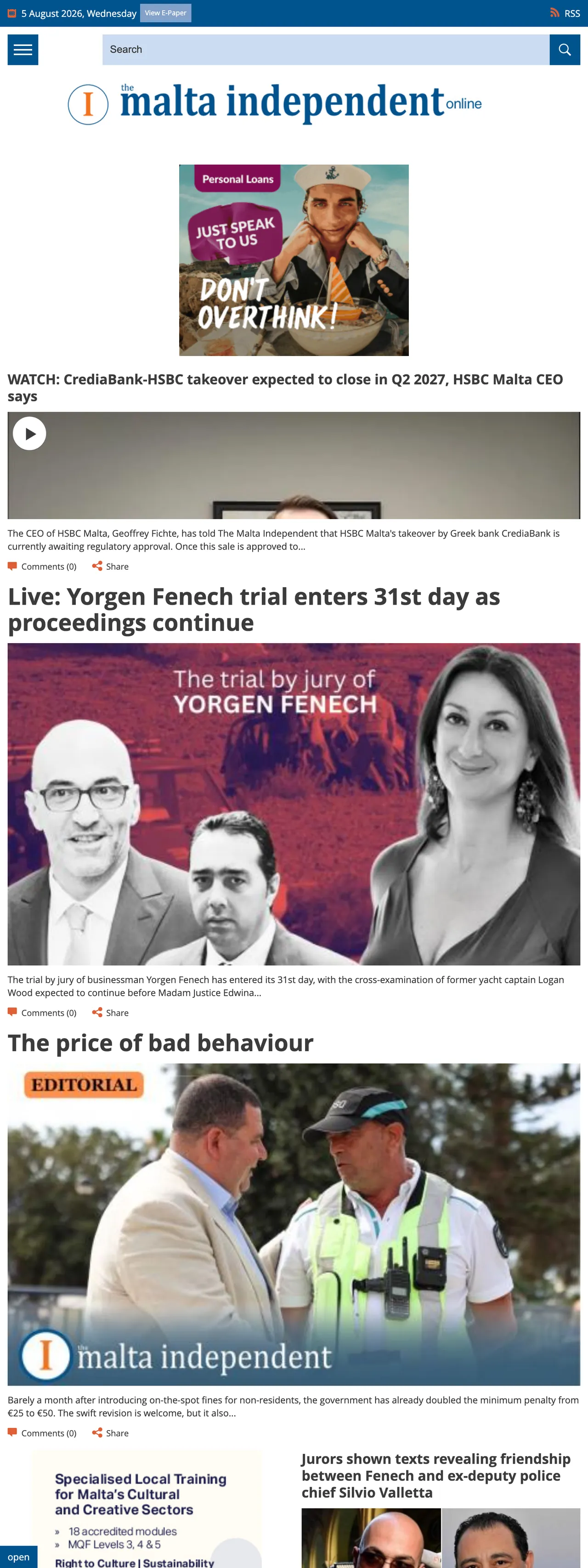 Screenshot of the The Malta Independent front page