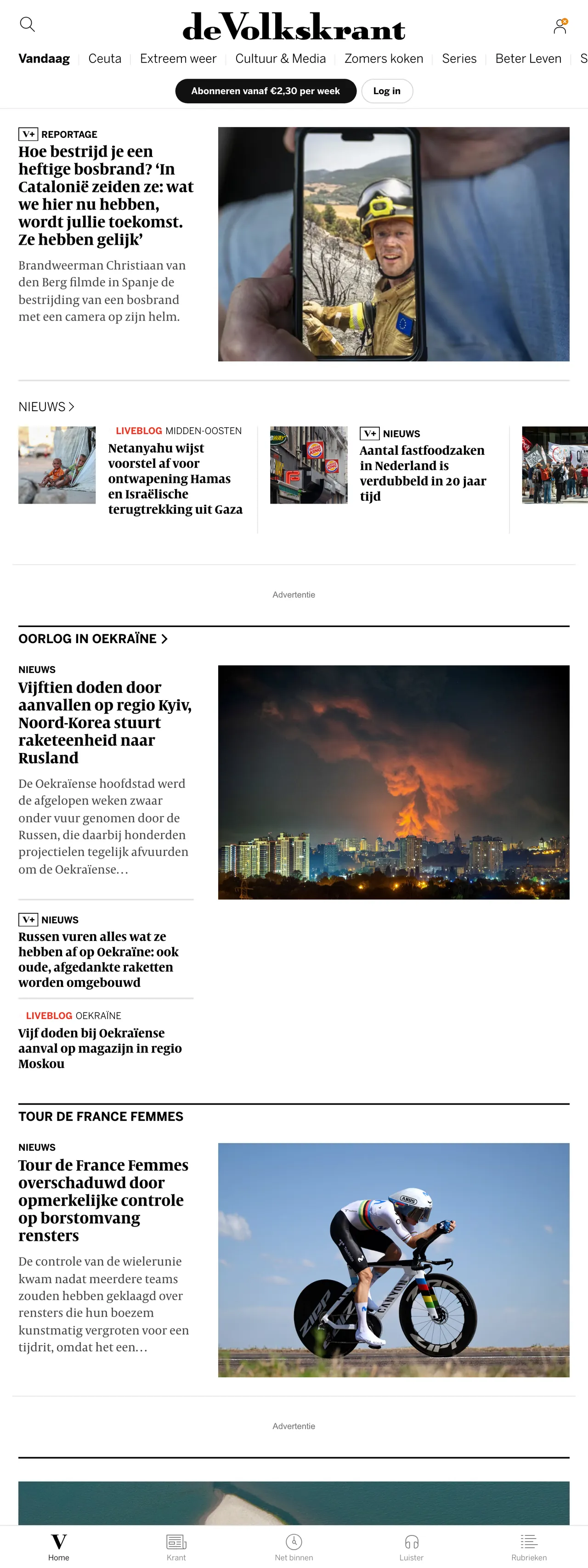 Screenshot of the de Volkskrant front page