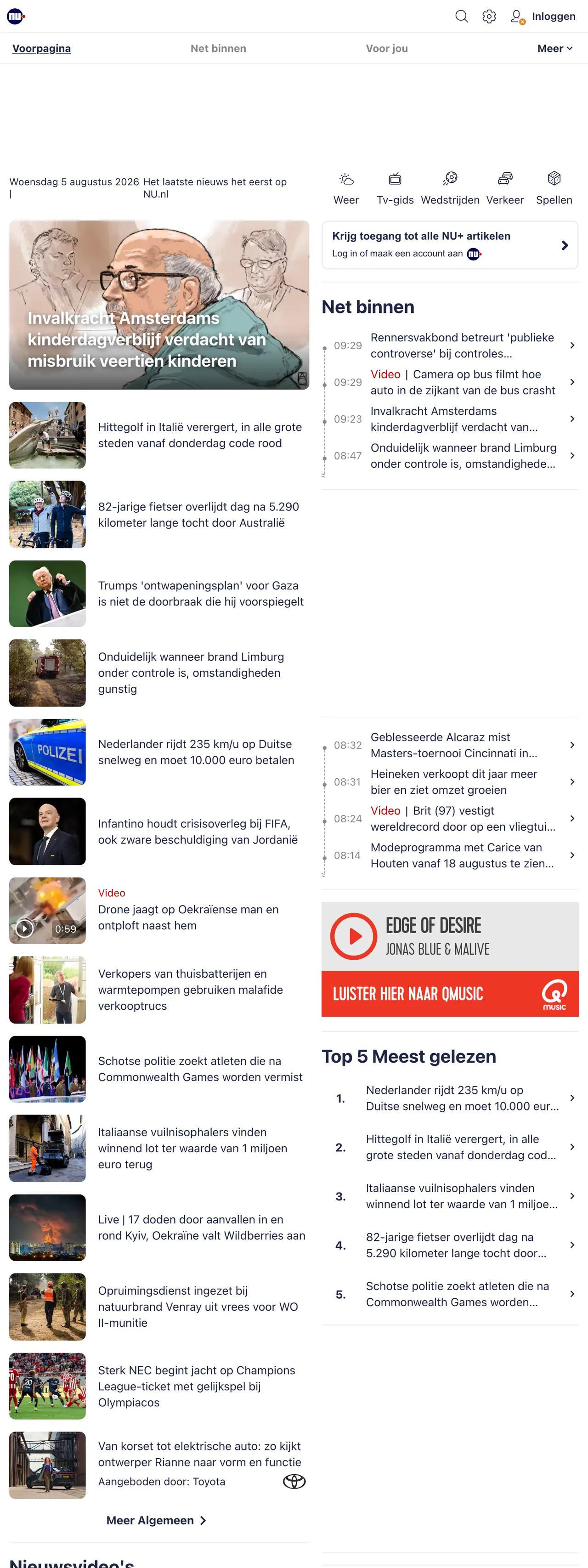 Screenshot of the NU.nl front page