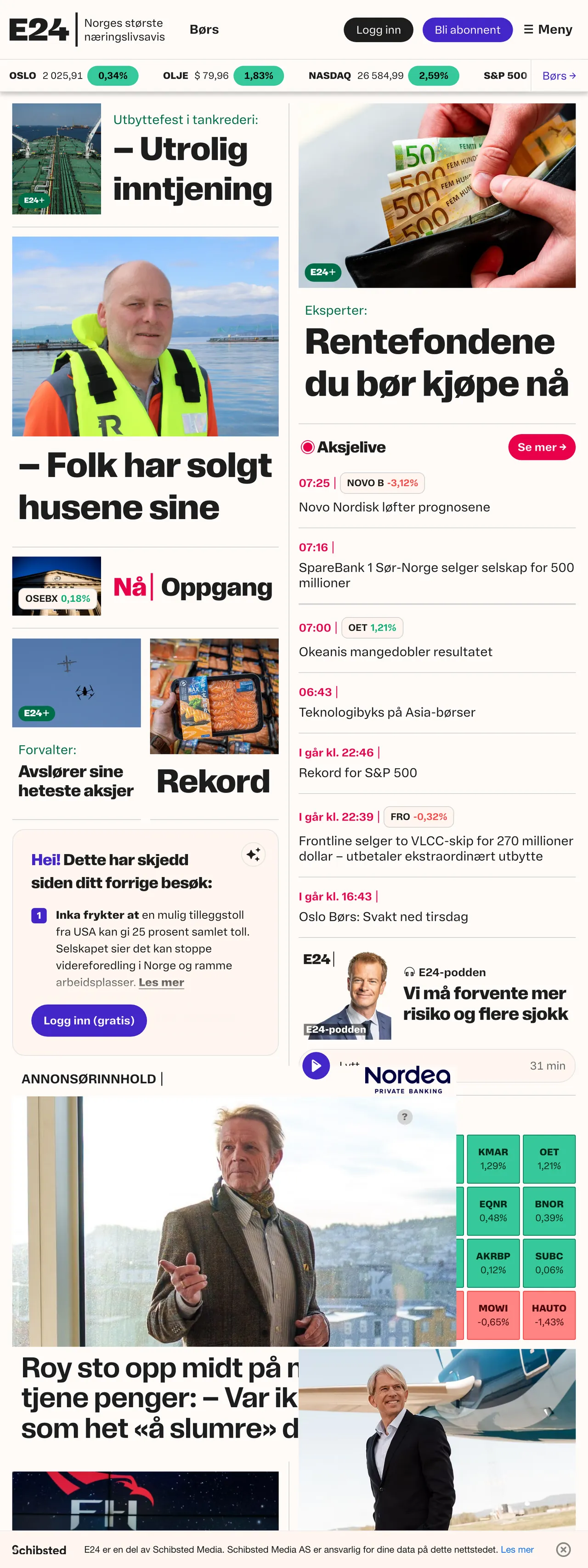 Screenshot of the E24 front page