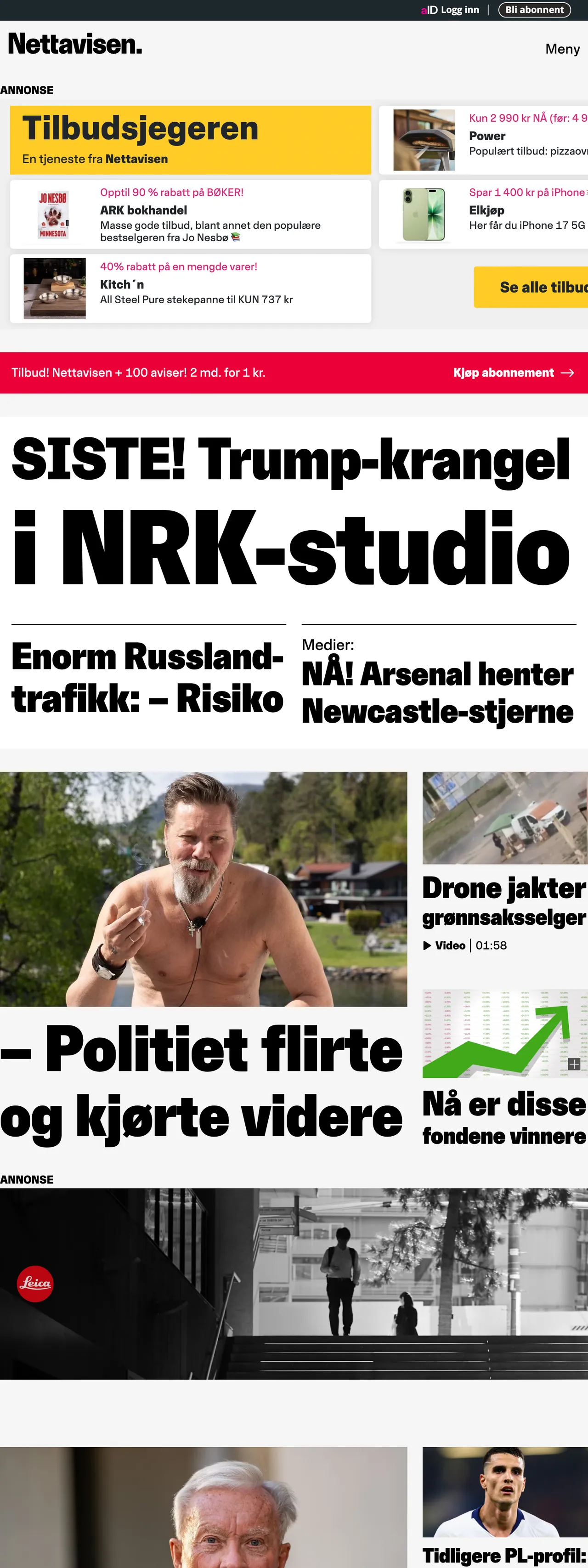 Screenshot of the Nettavisen front page