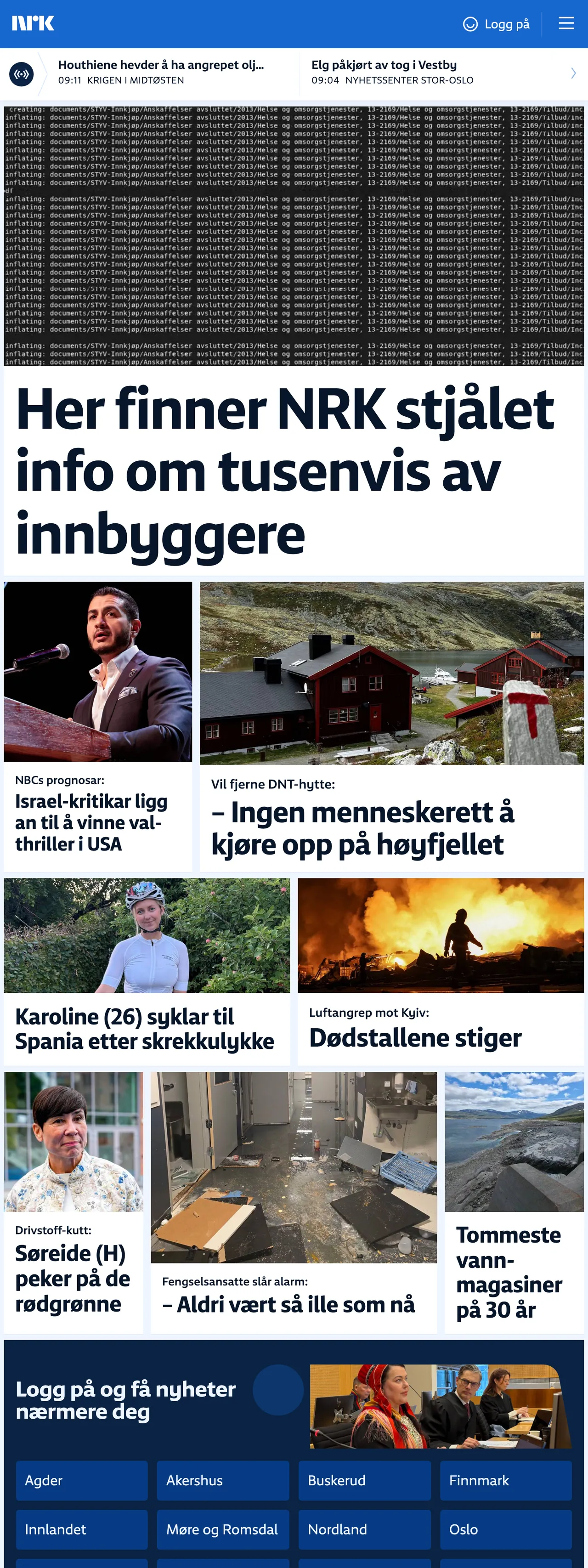 Screenshot of the NRK front page