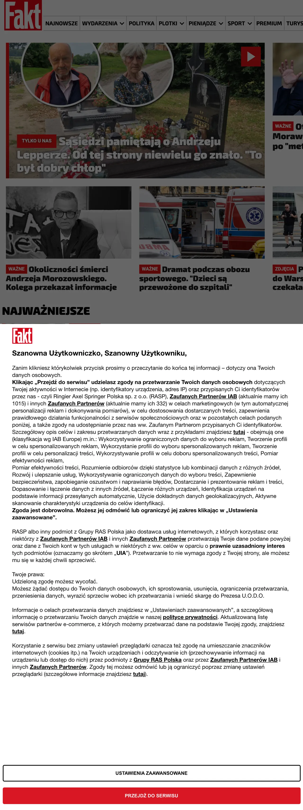 Screenshot of the Fakt front page