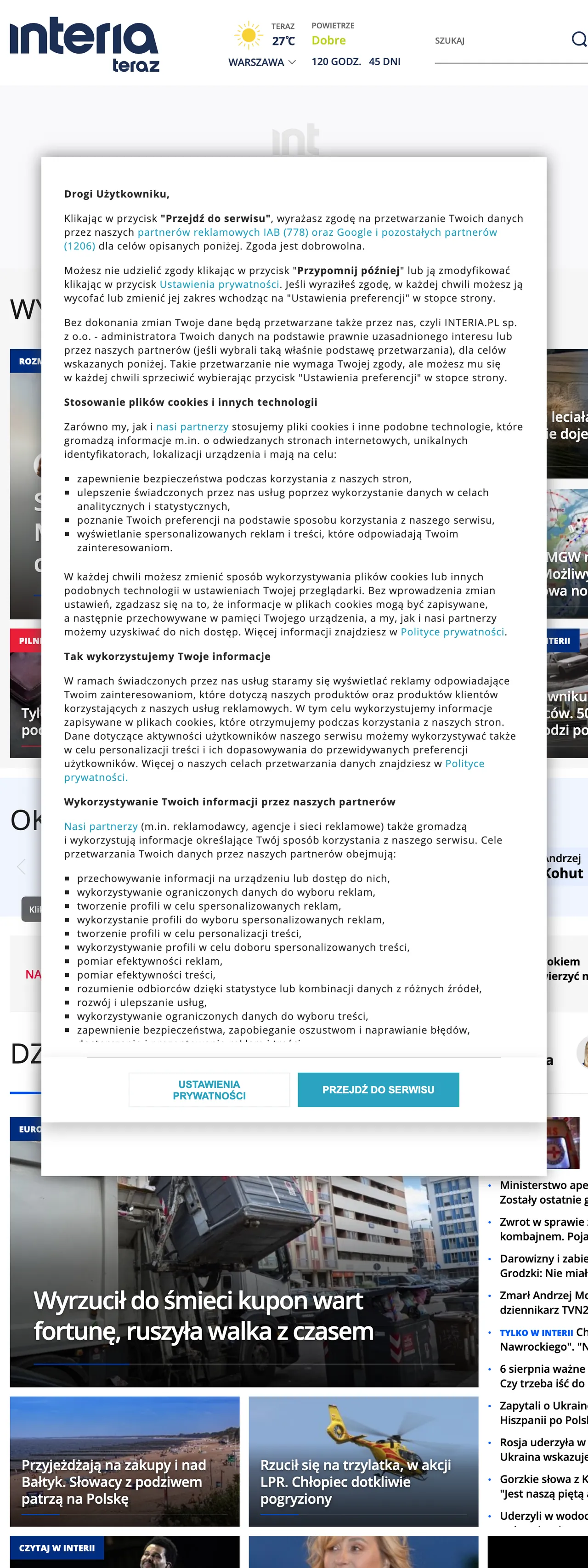 Screenshot of the Interia front page
