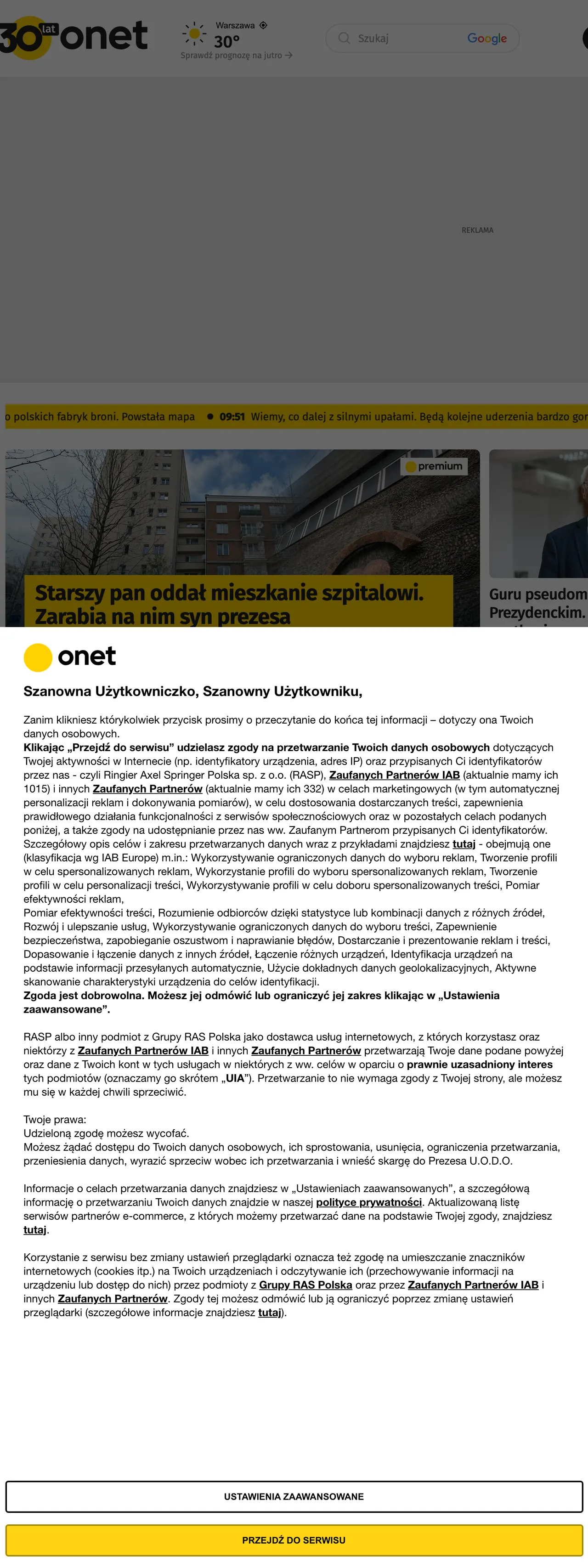 Screenshot of the Onet front page