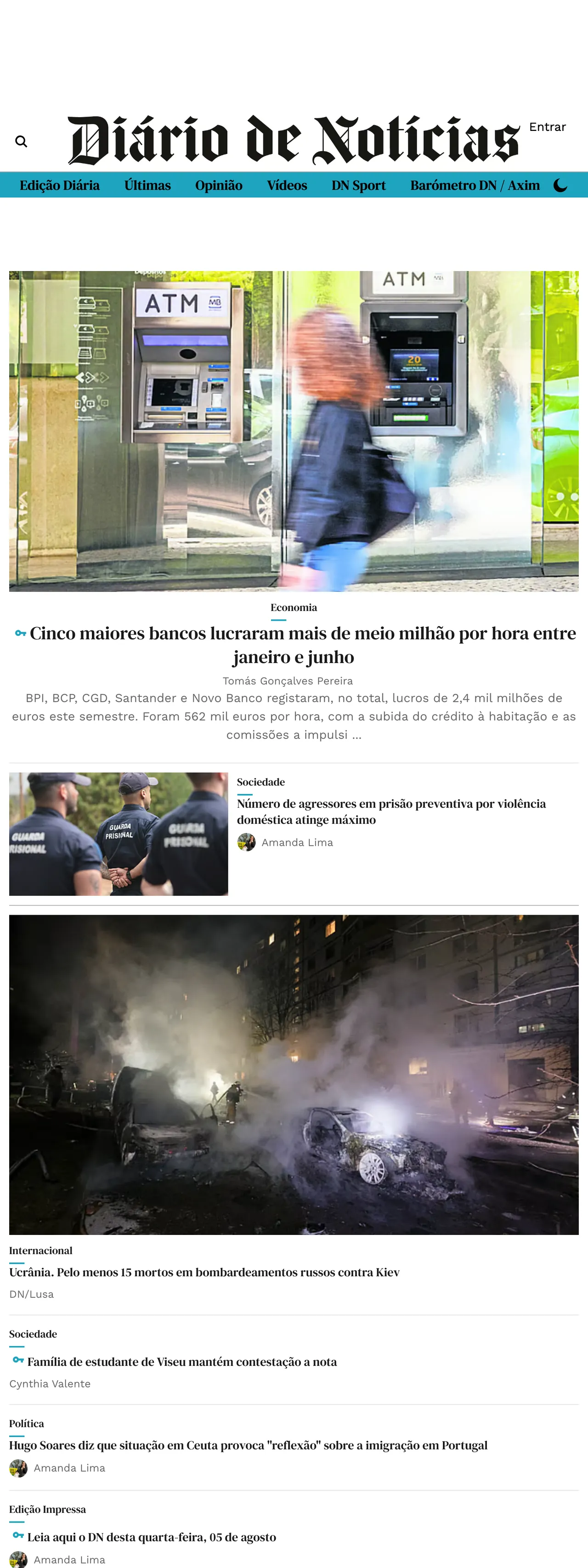 Screenshot of the Diário de Notícias front page