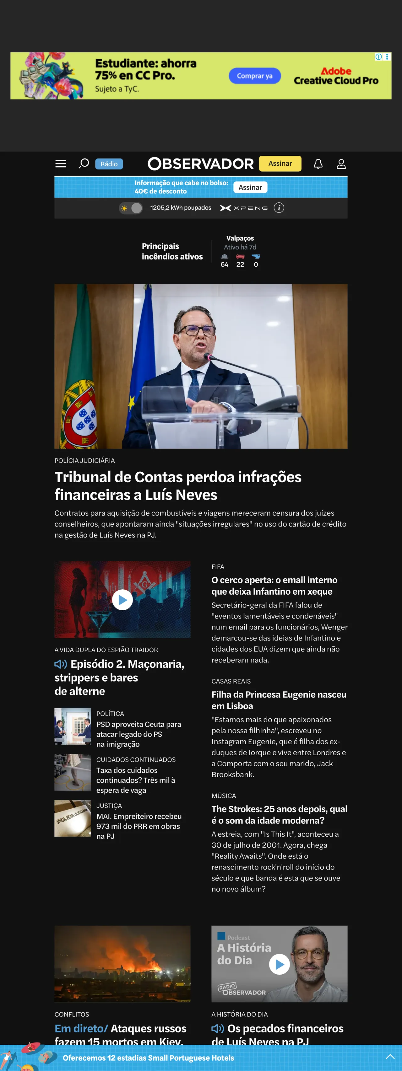 Screenshot of the Observador front page