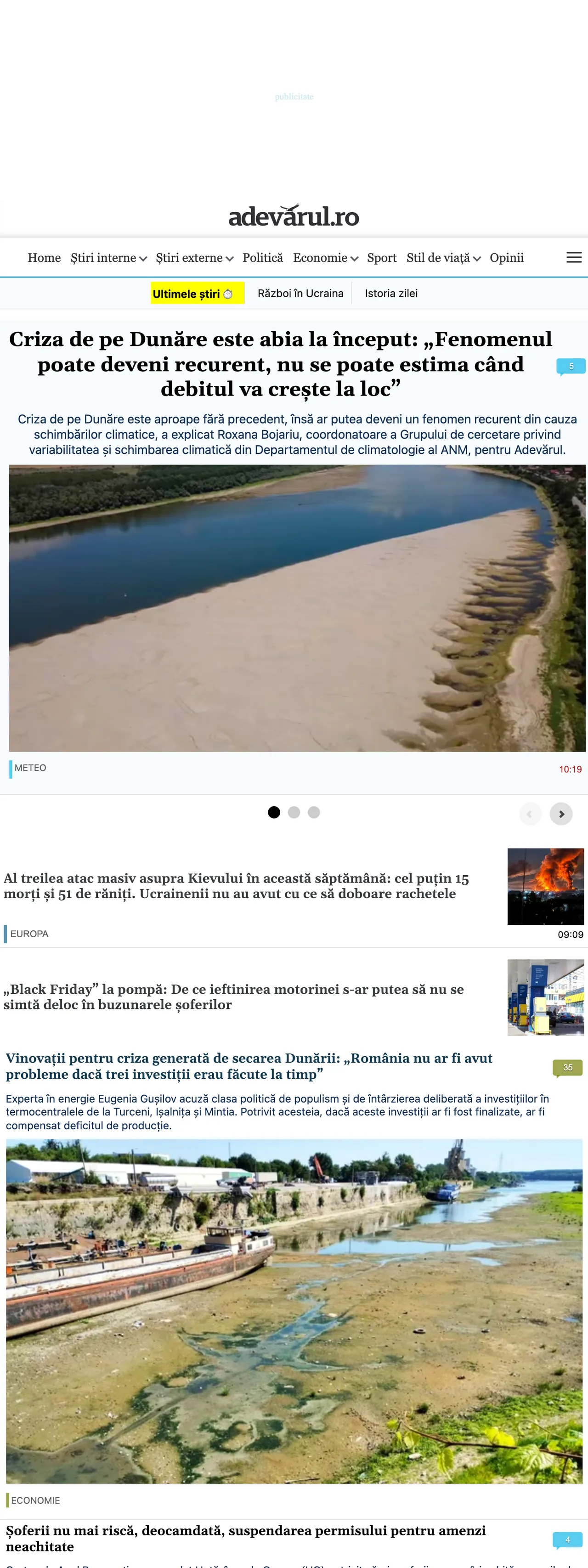Screenshot of the Adevărul front page