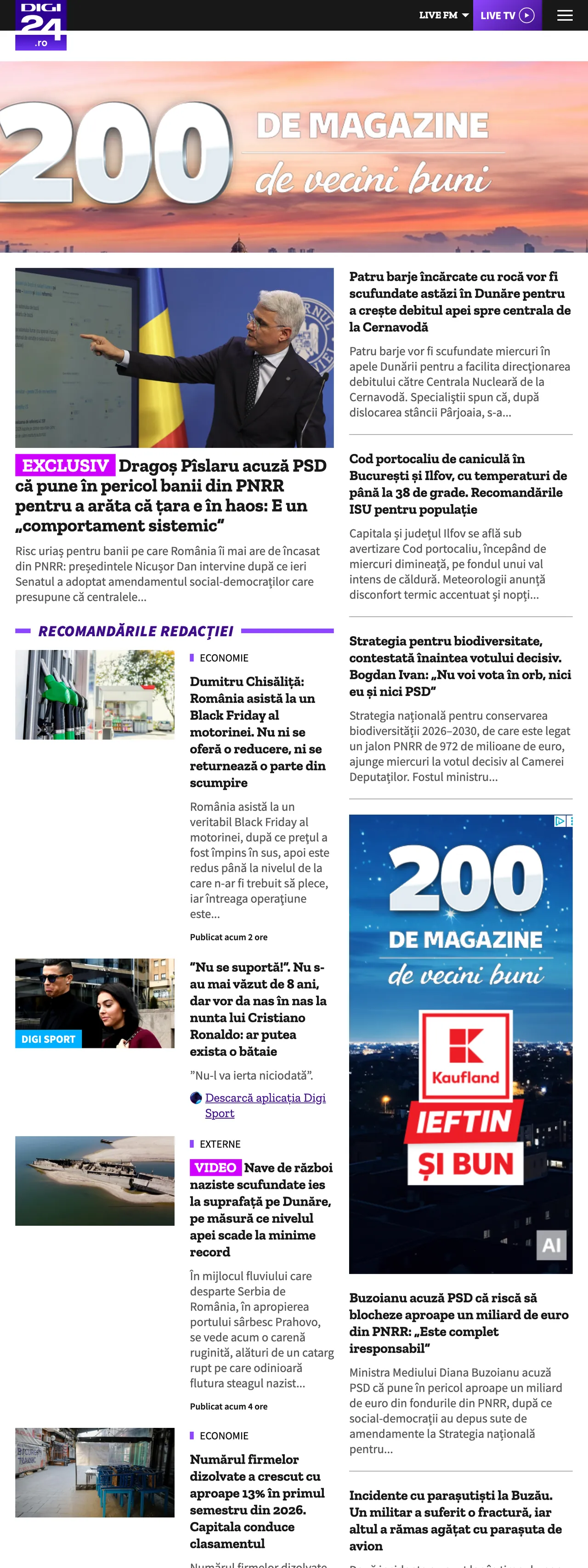 Screenshot of the Digi24 front page