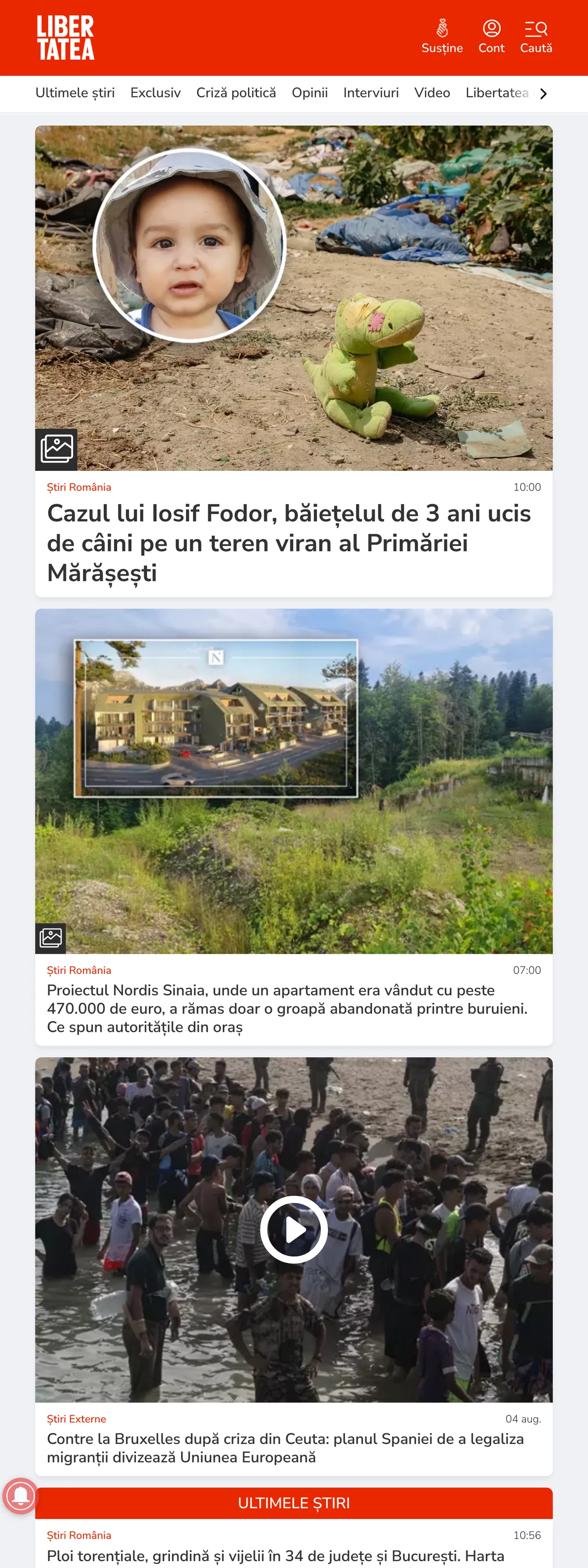 Screenshot of the Libertatea front page