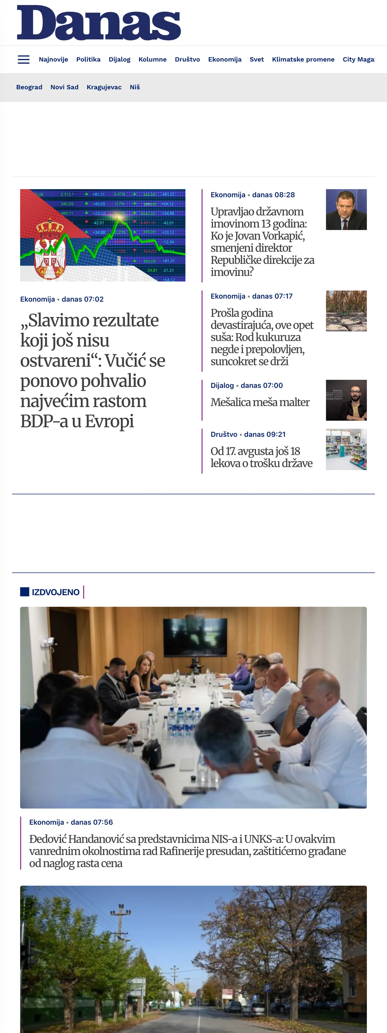 Screenshot of the Danas front page