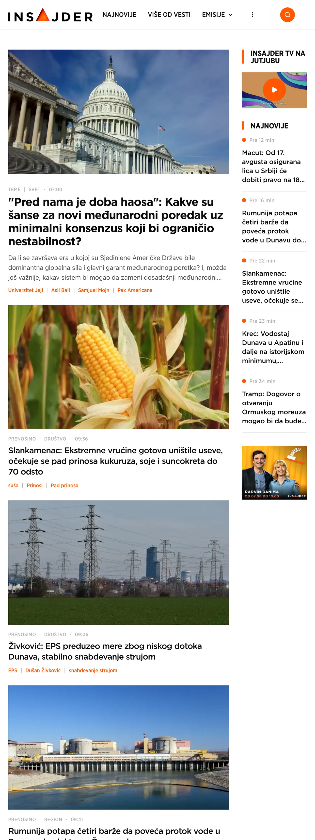 Screenshot of the Insajder front page