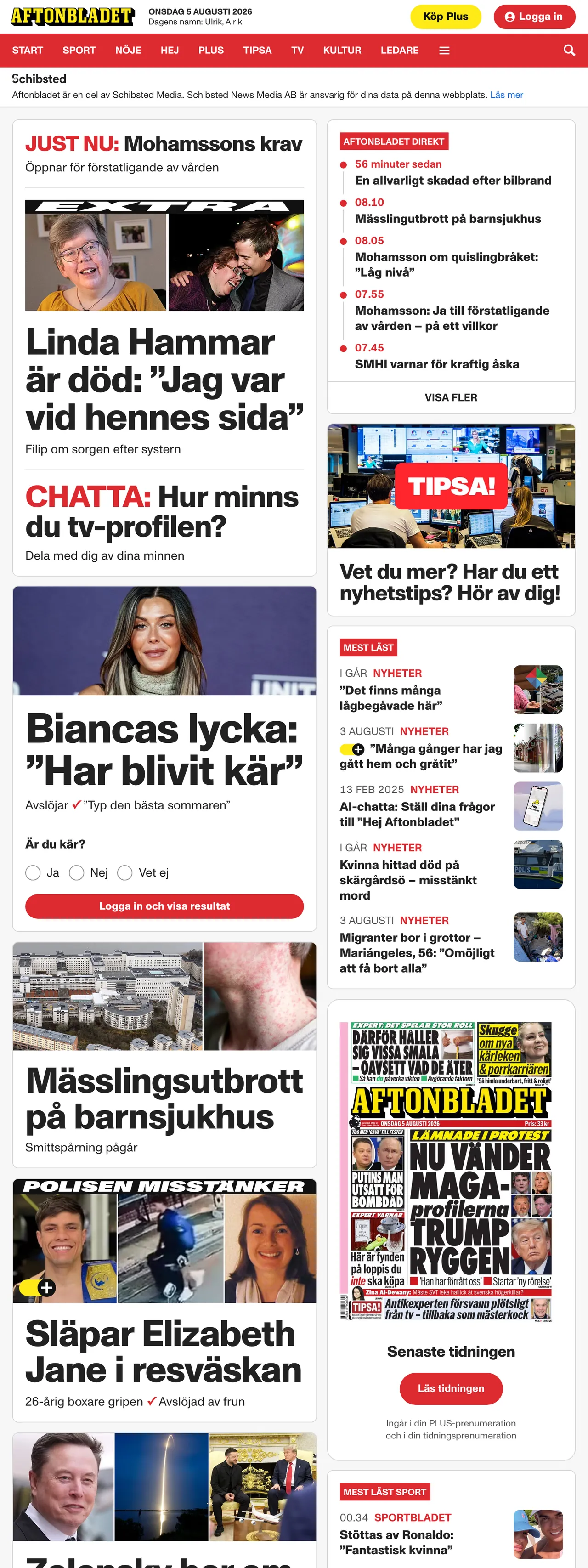Screenshot of the Aftonbladet front page