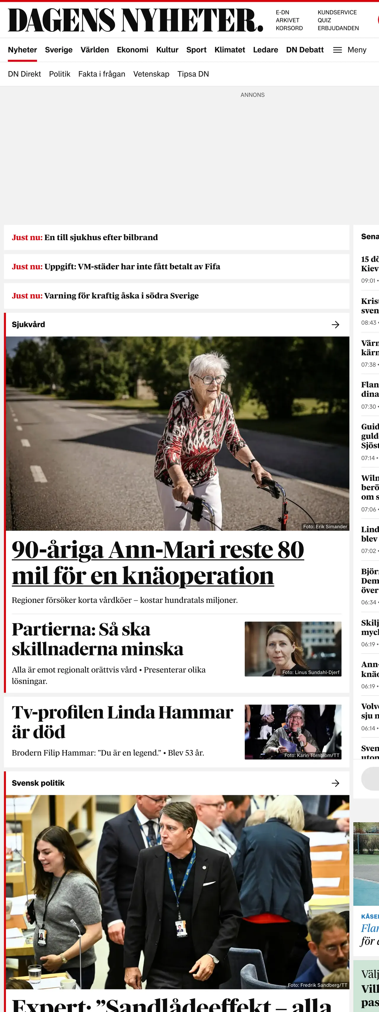 Screenshot of the Dagens Nyheter front page