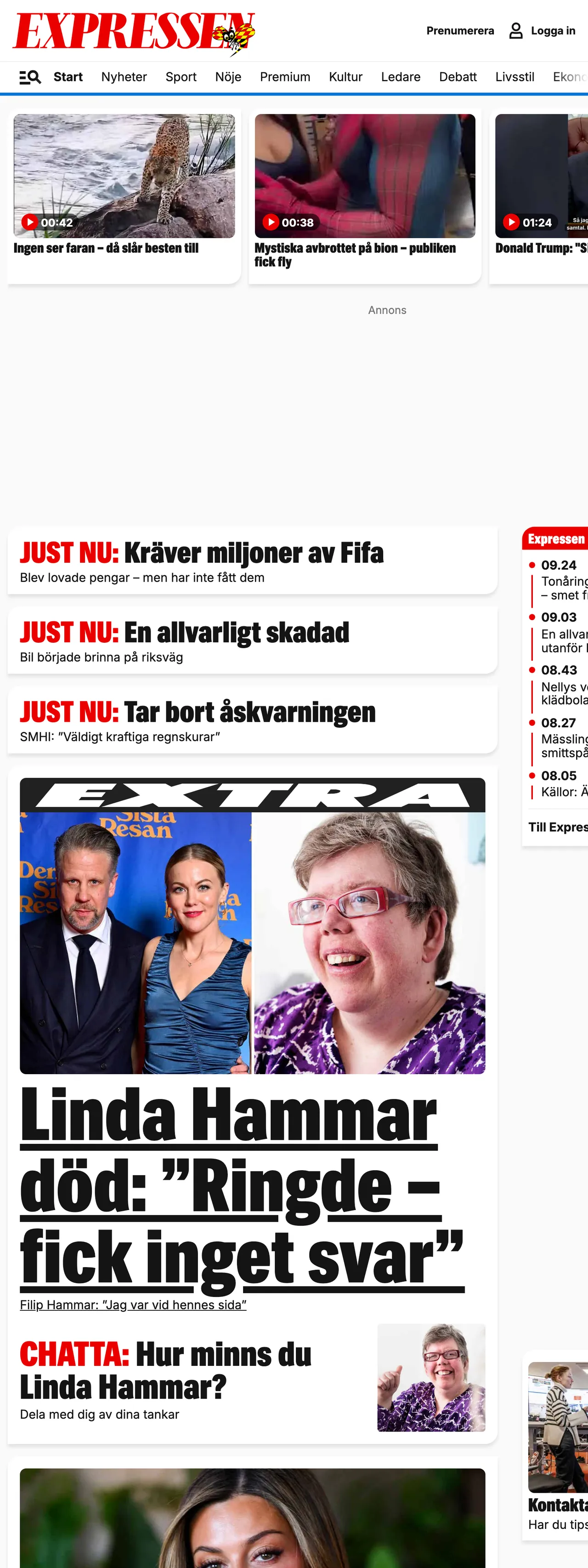 Screenshot of the Expressen front page