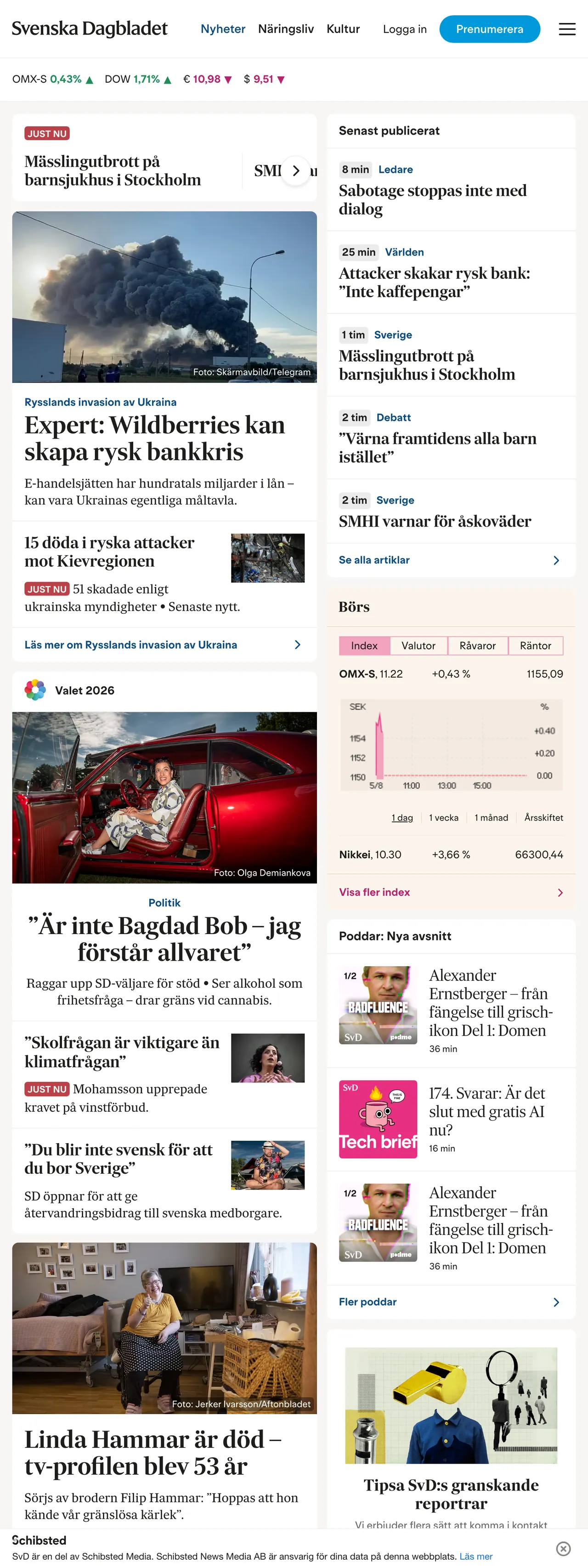 Screenshot of the Svenska Dagbladet front page