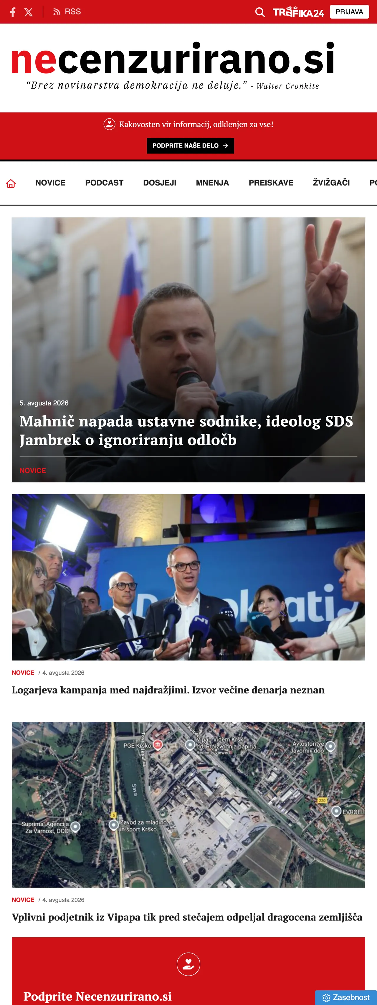 Screenshot of the Necenzurirano front page