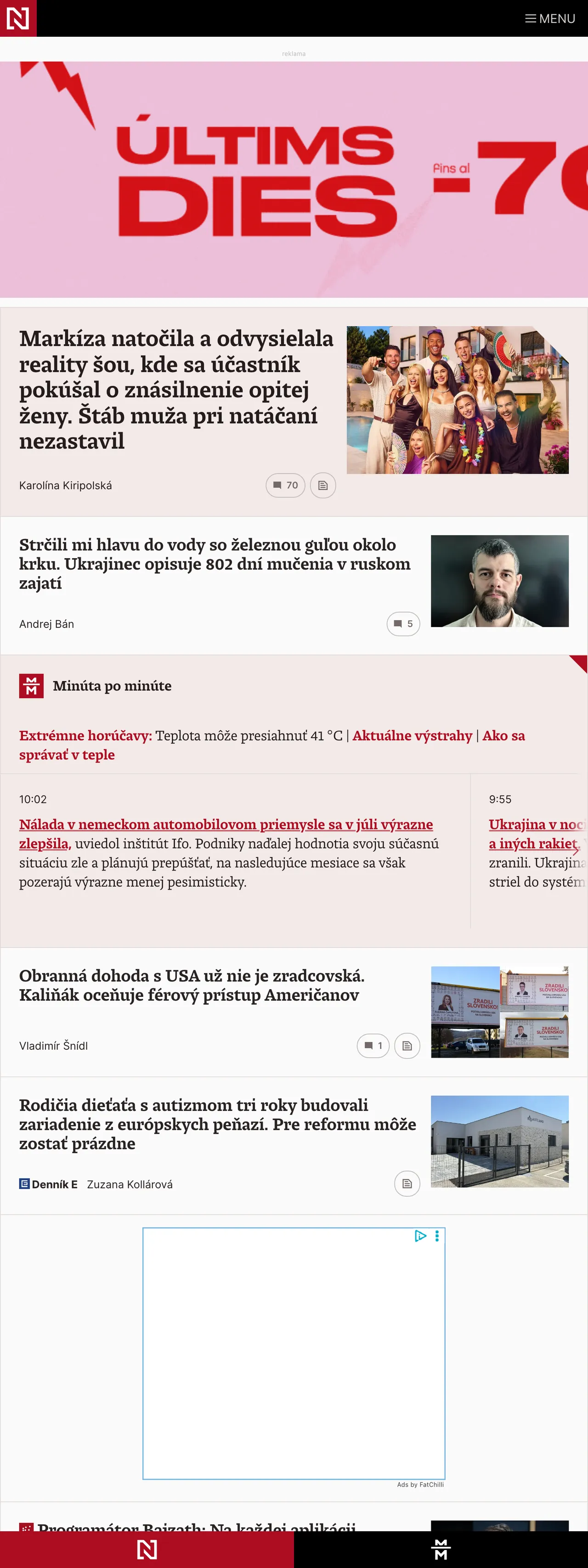 Screenshot of the Denník N front page