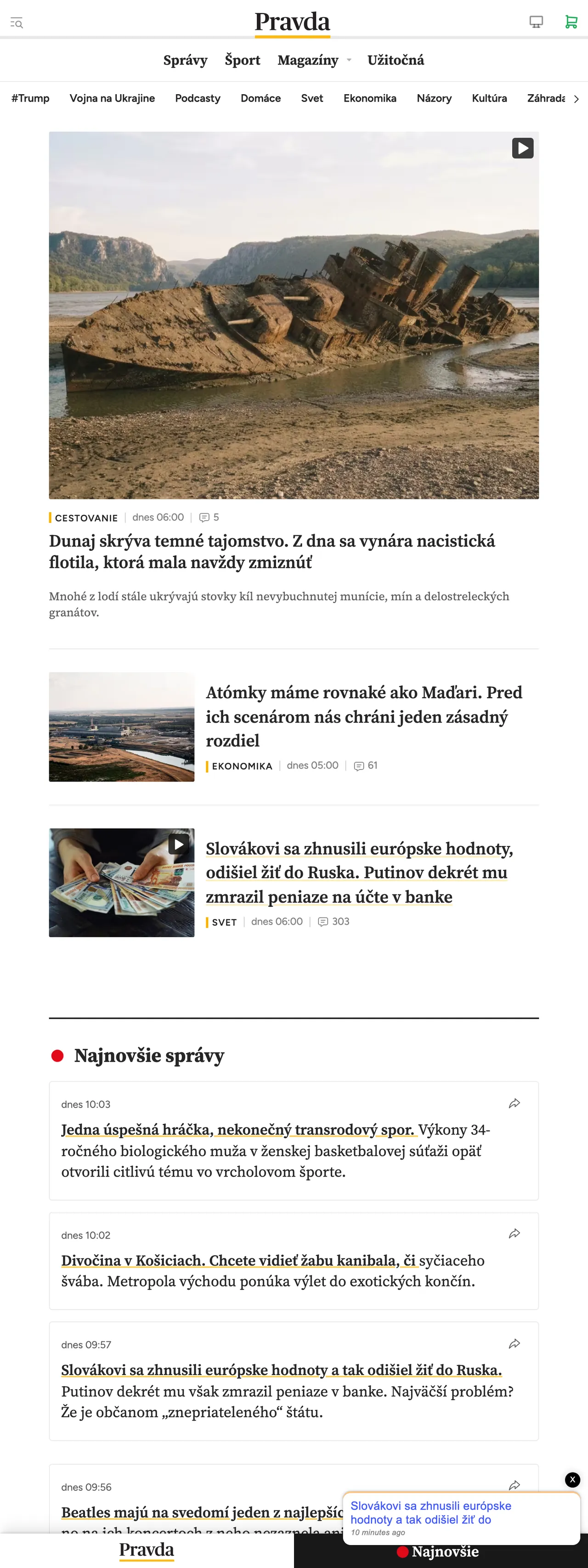 Screenshot of the Pravda front page