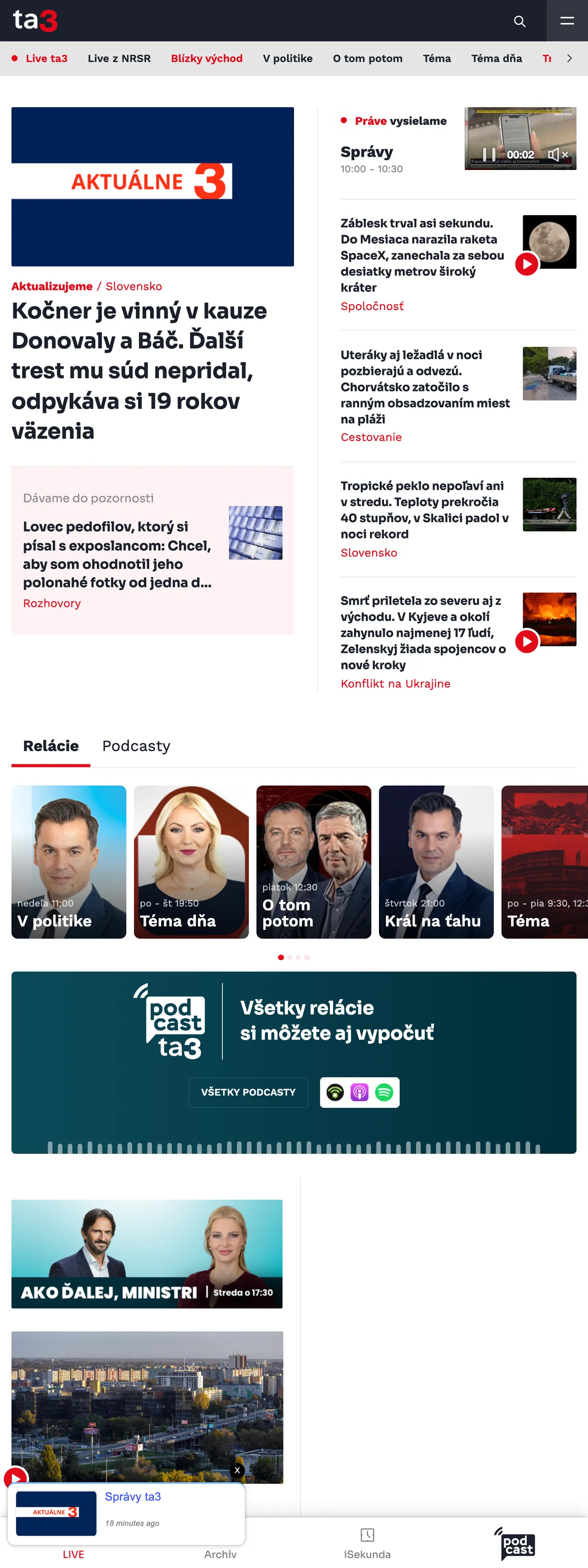 Screenshot of the TA3 front page