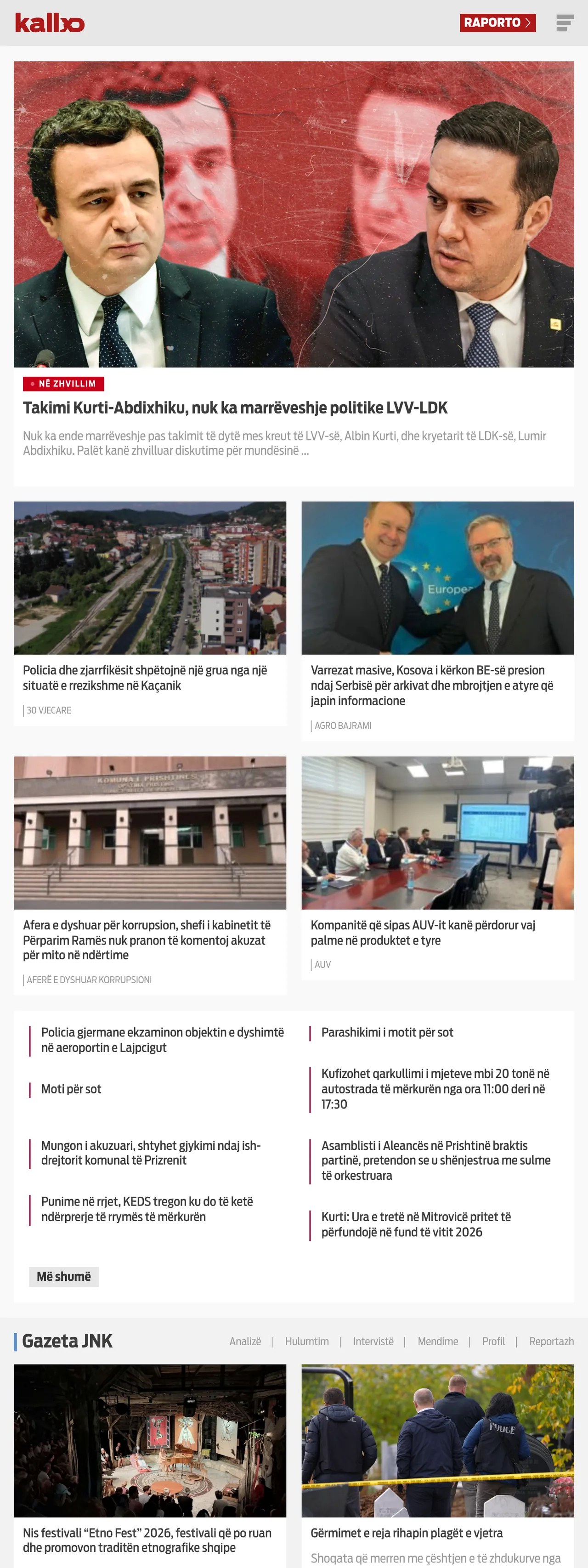 Screenshot of the Kallxo front page