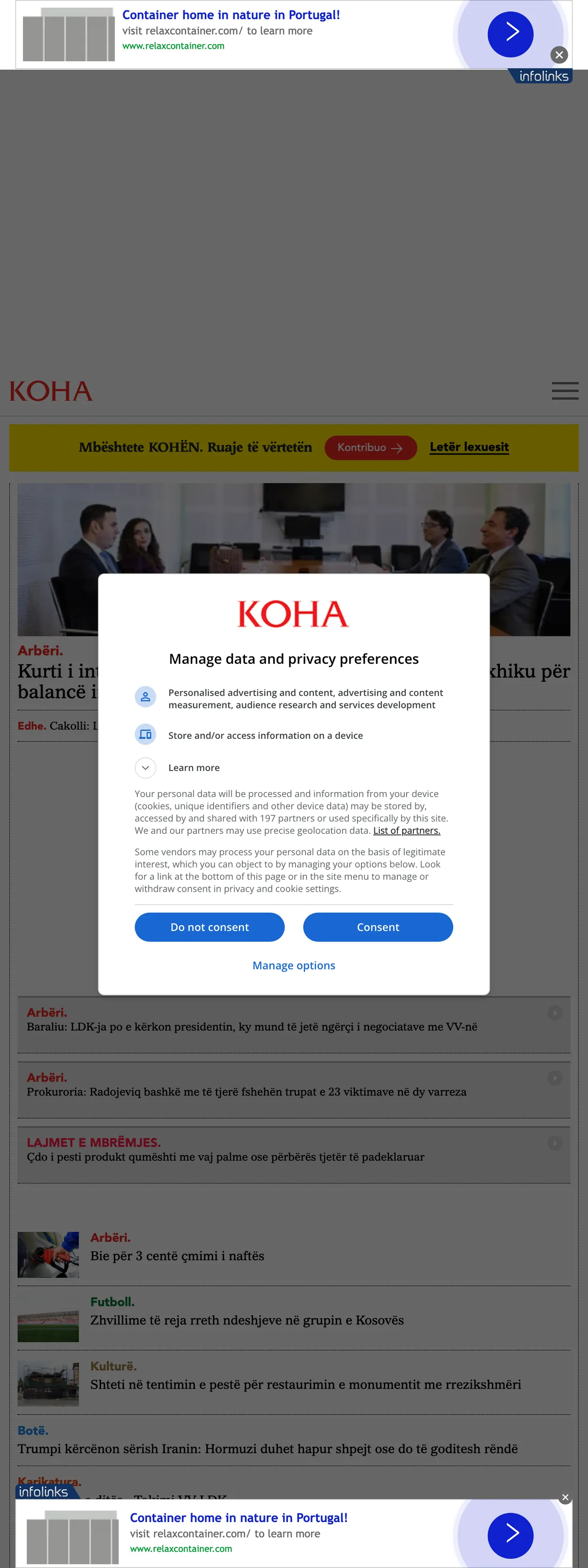 Screenshot of the Koha Ditore front page