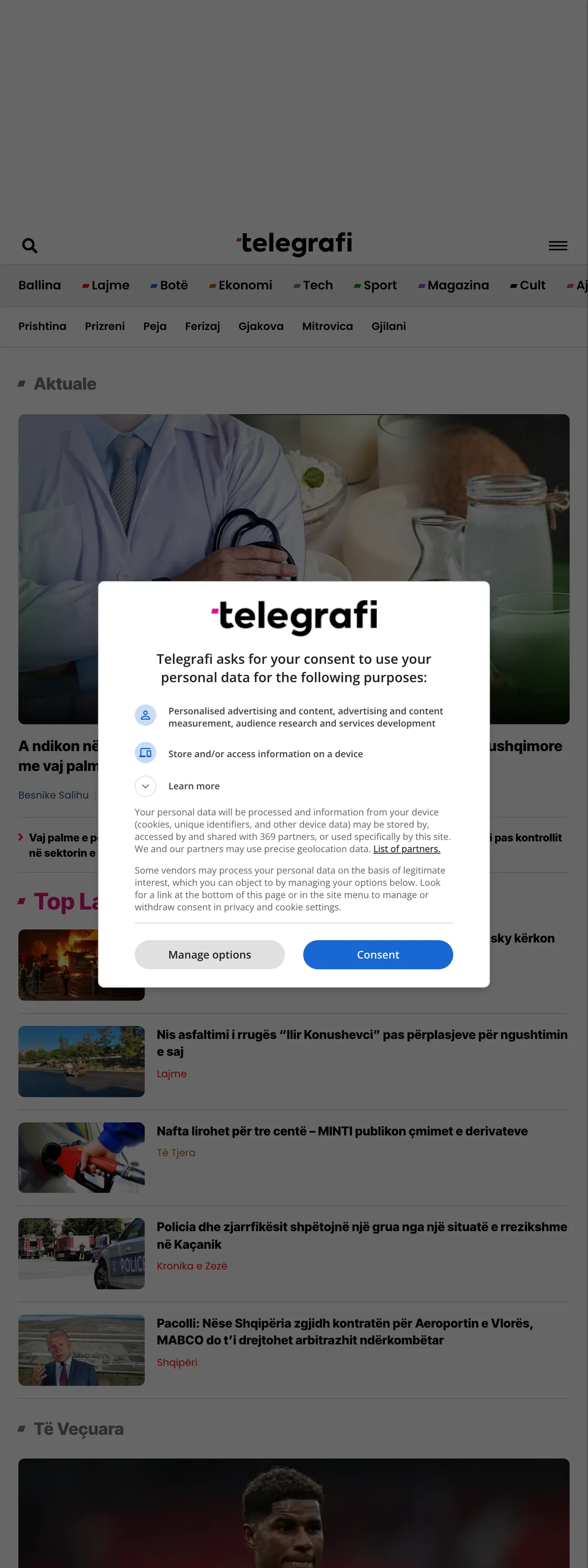 Screenshot of the Telegrafi front page