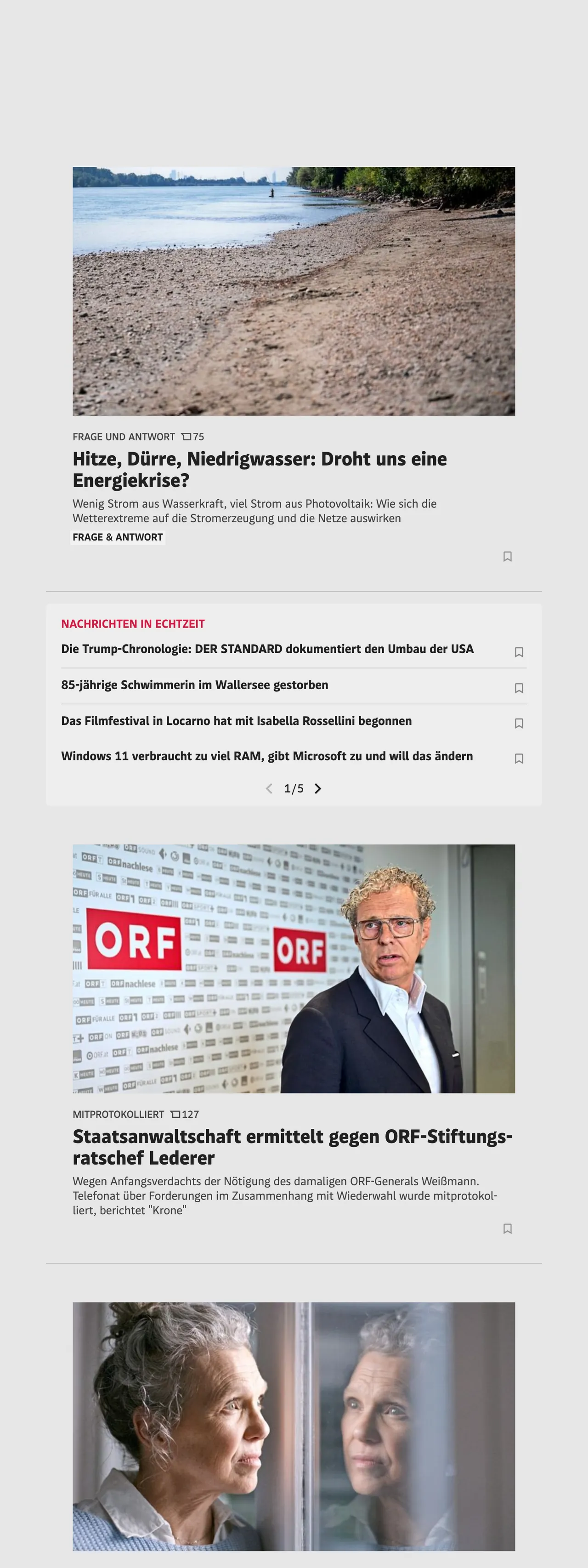 Screenshot of the DER STANDARD front page