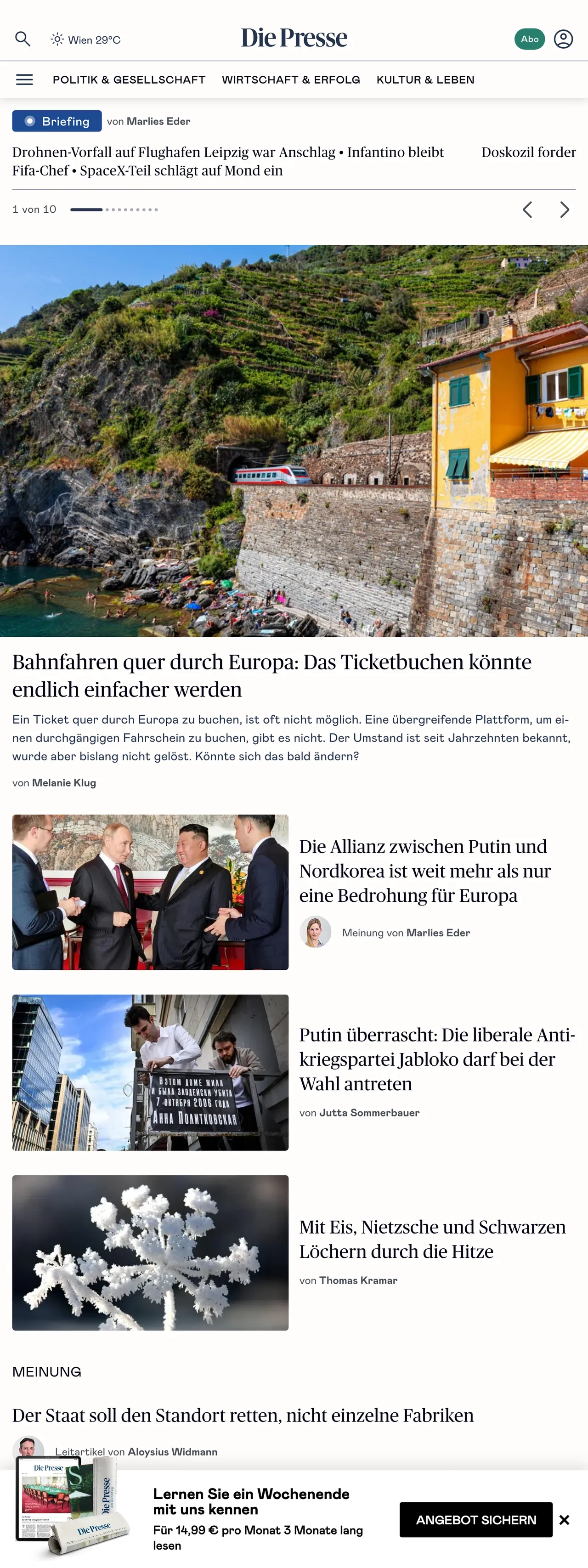 Screenshot of the Die Presse front page