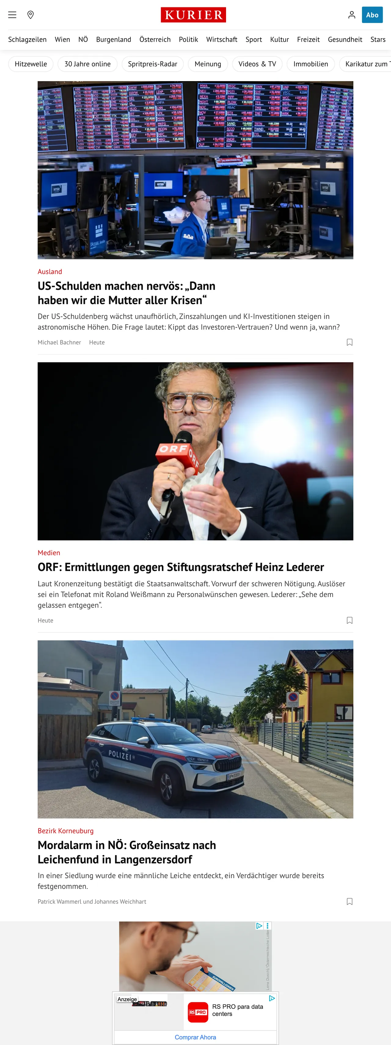 Screenshot of the Kurier front page