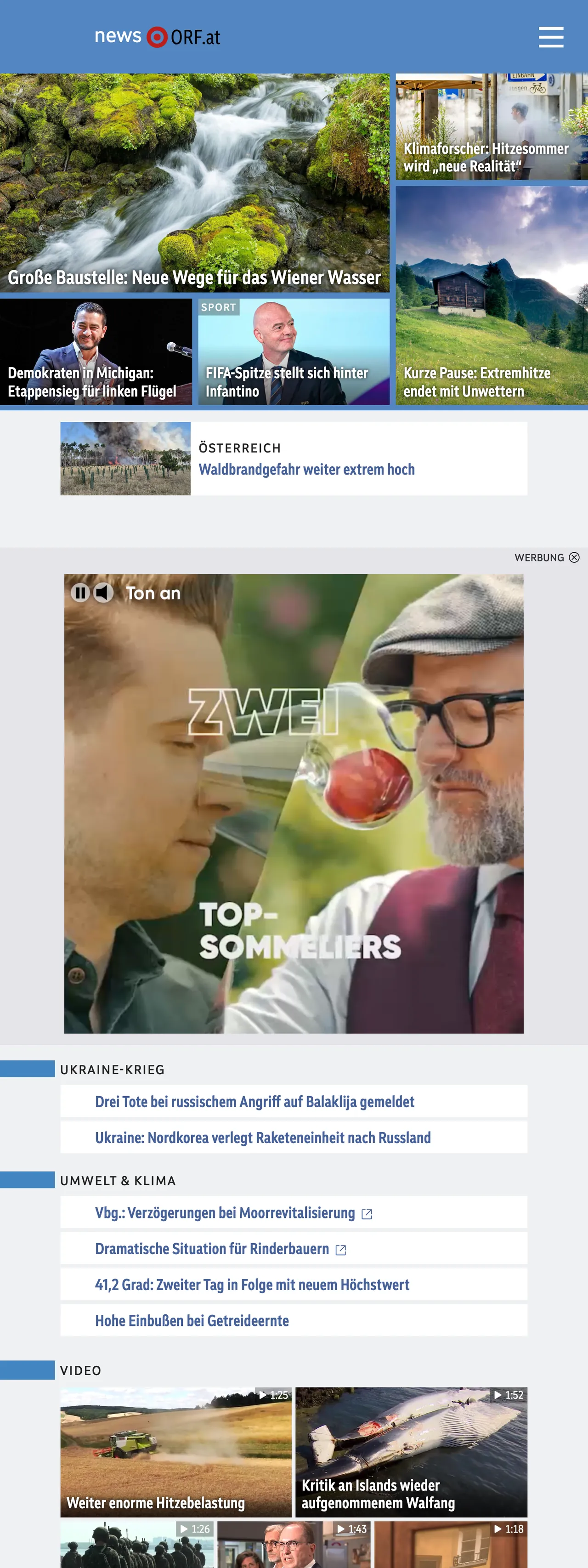 Screenshot of the ORF front page