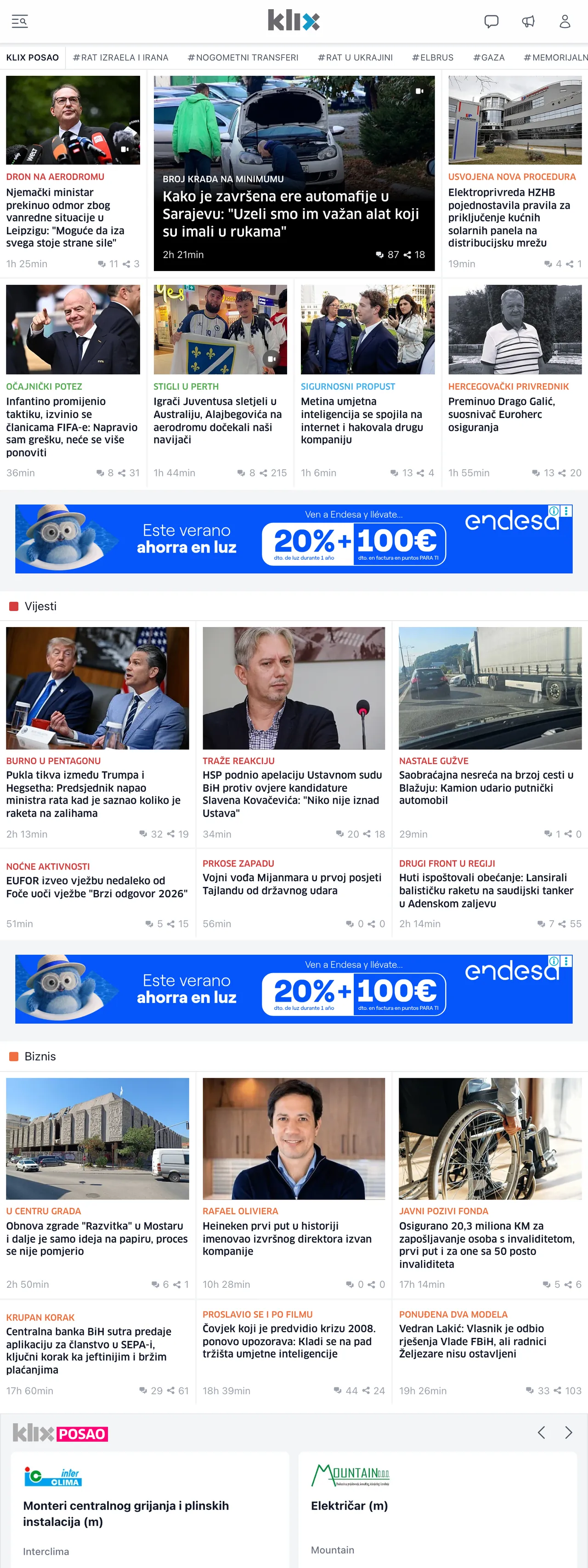 Screenshot of the Klix.ba front page