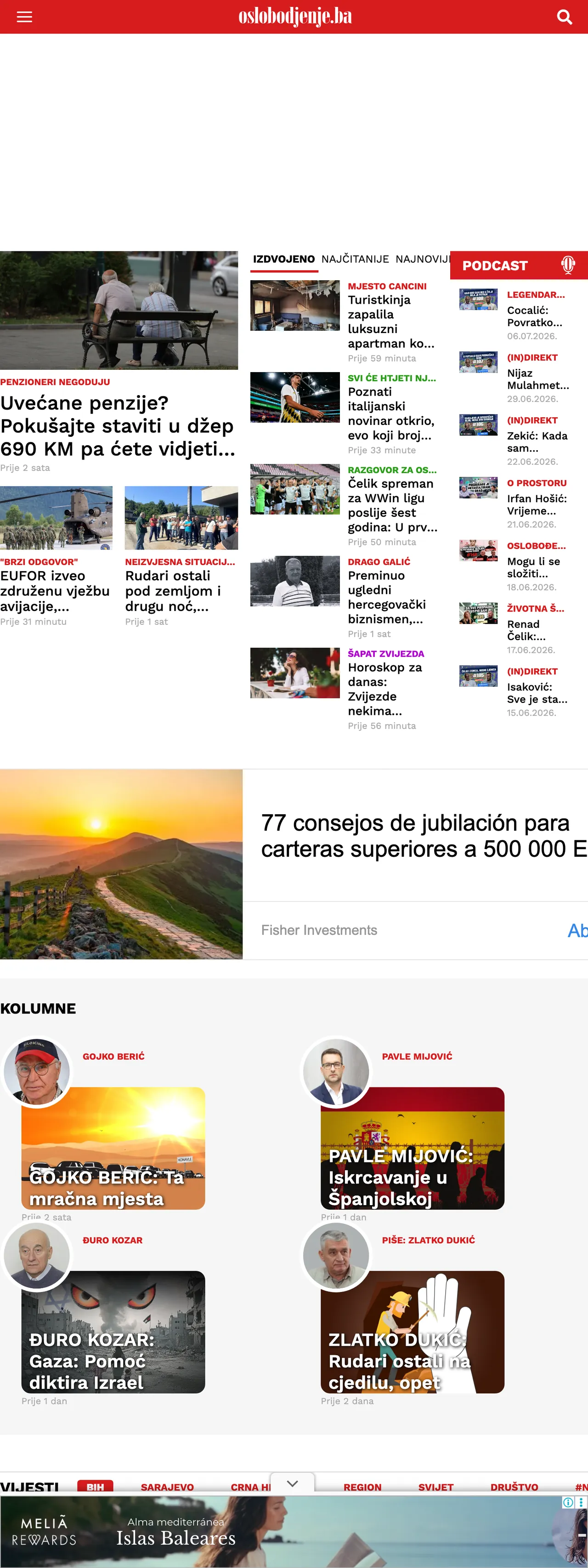 Screenshot of the Oslobođenje front page