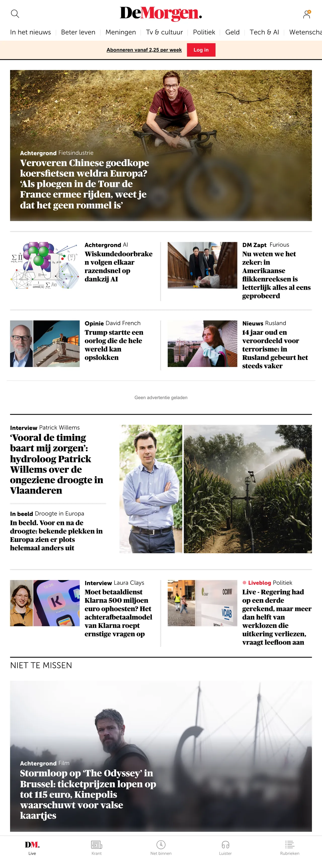 Screenshot of the De Morgen front page