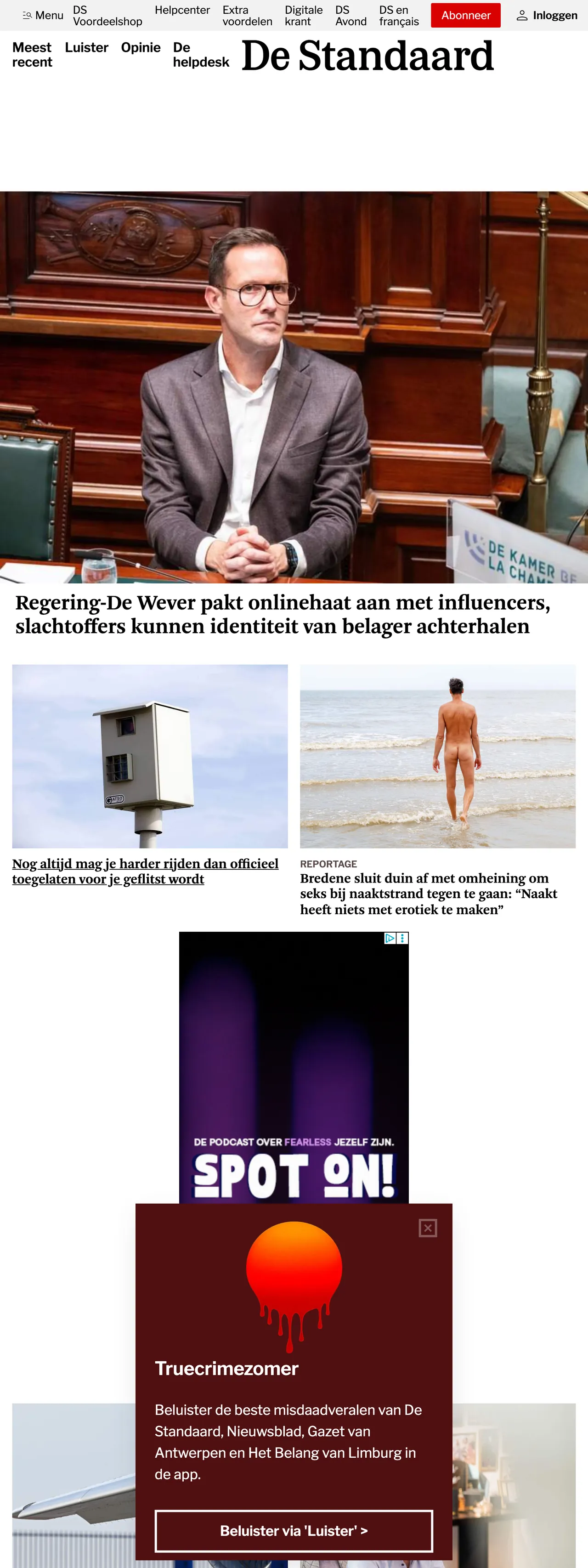 Screenshot of the De Standaard front page