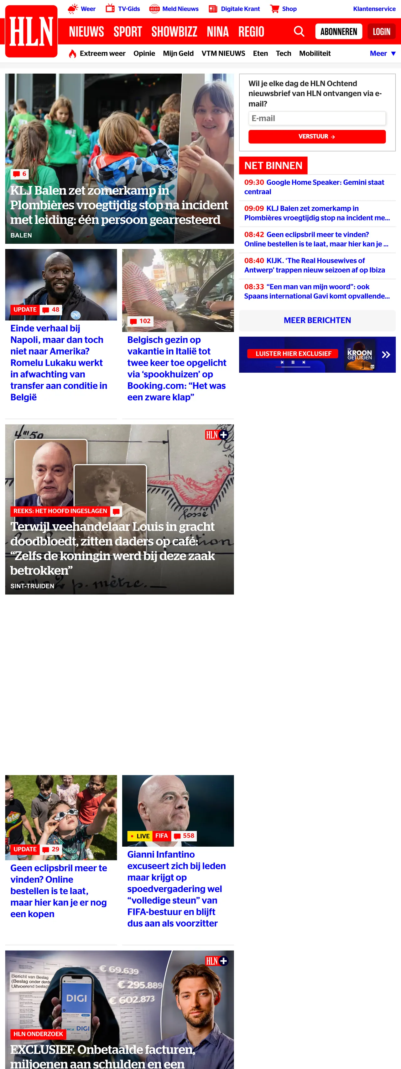 Screenshot of the HLN front page