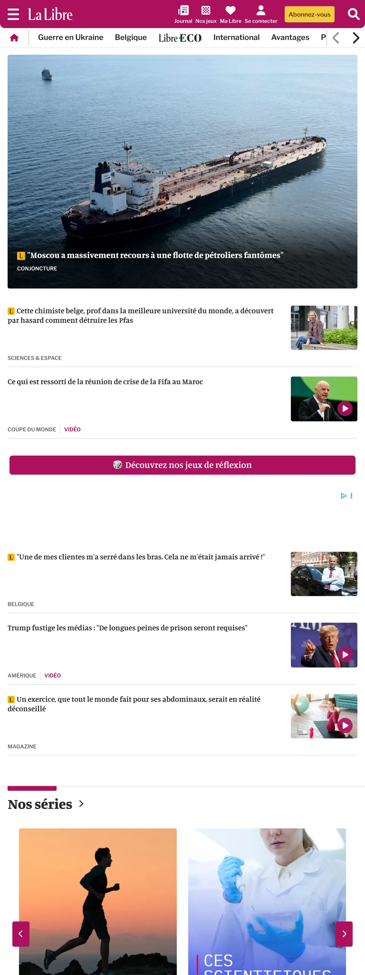 Screenshot of the La Libre front page