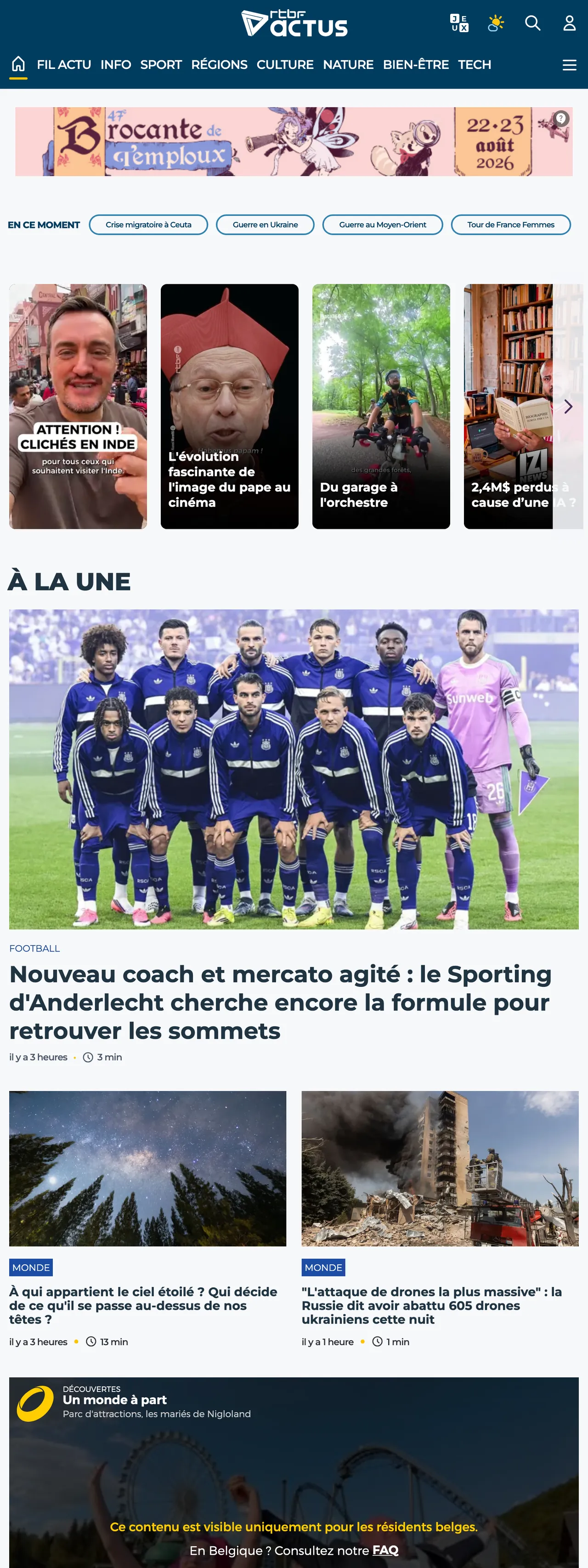 Screenshot of the RTBF front page