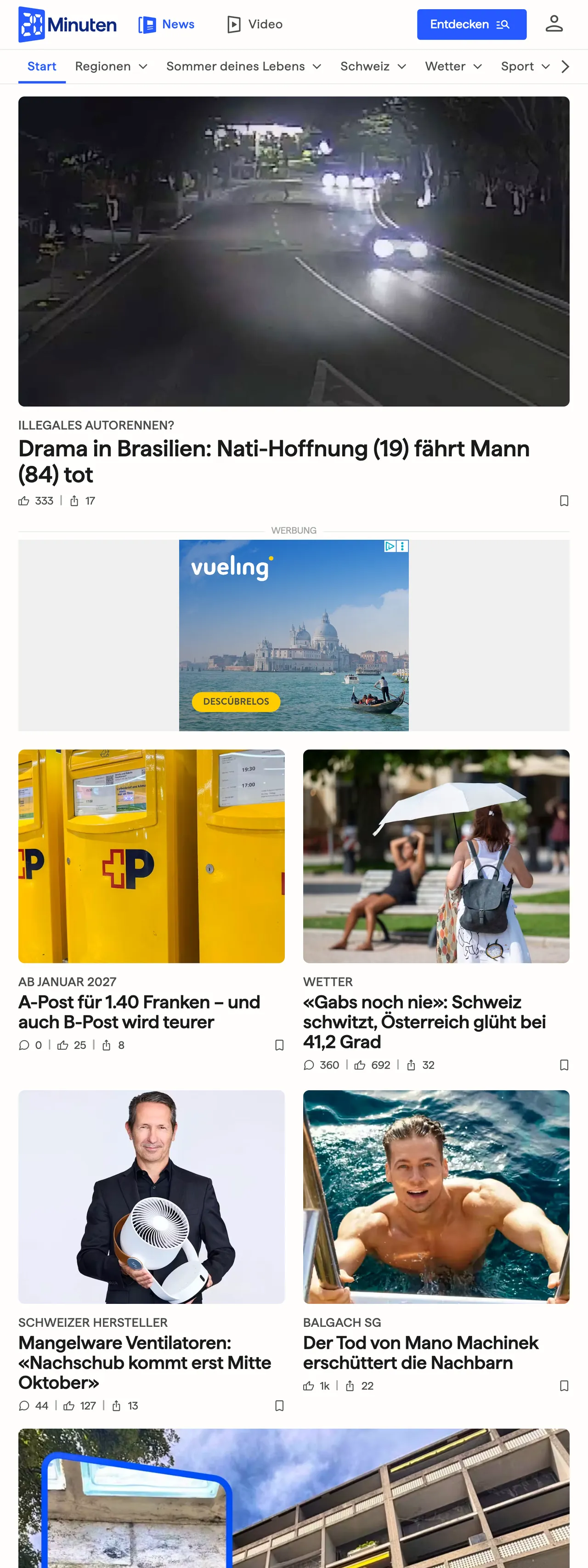 Screenshot of the 20 Minuten front page