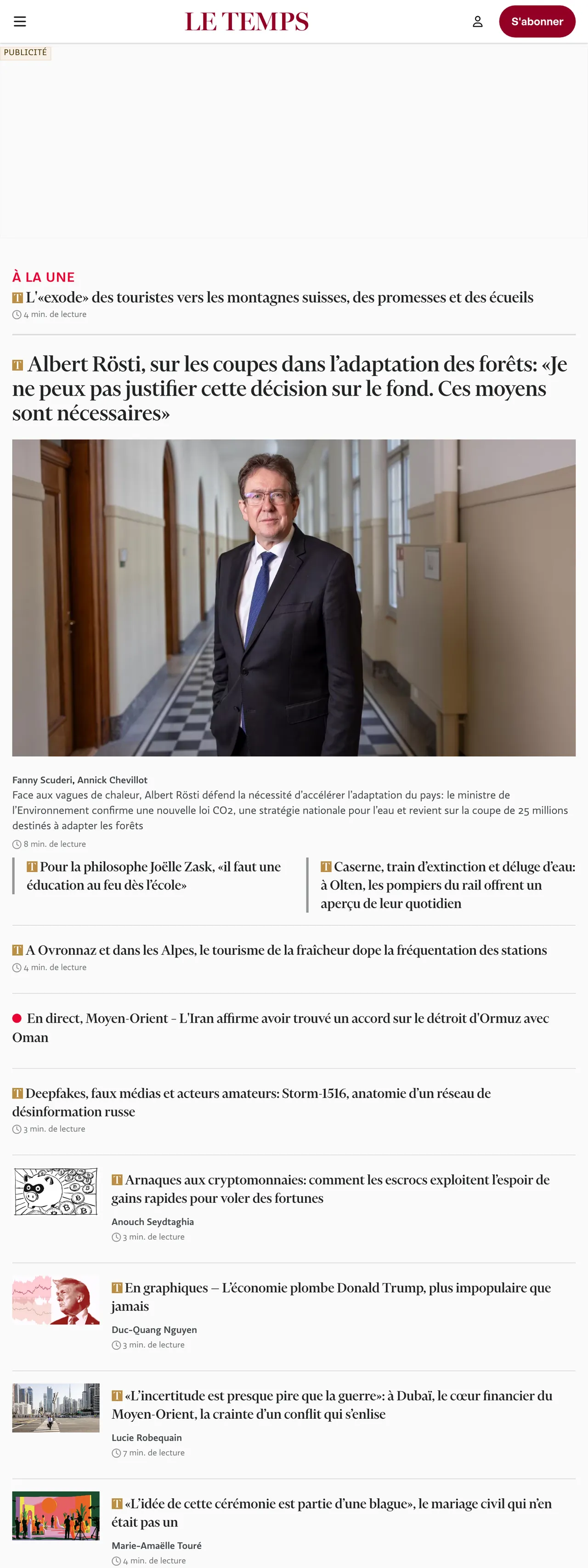 Screenshot of the Le Temps front page
