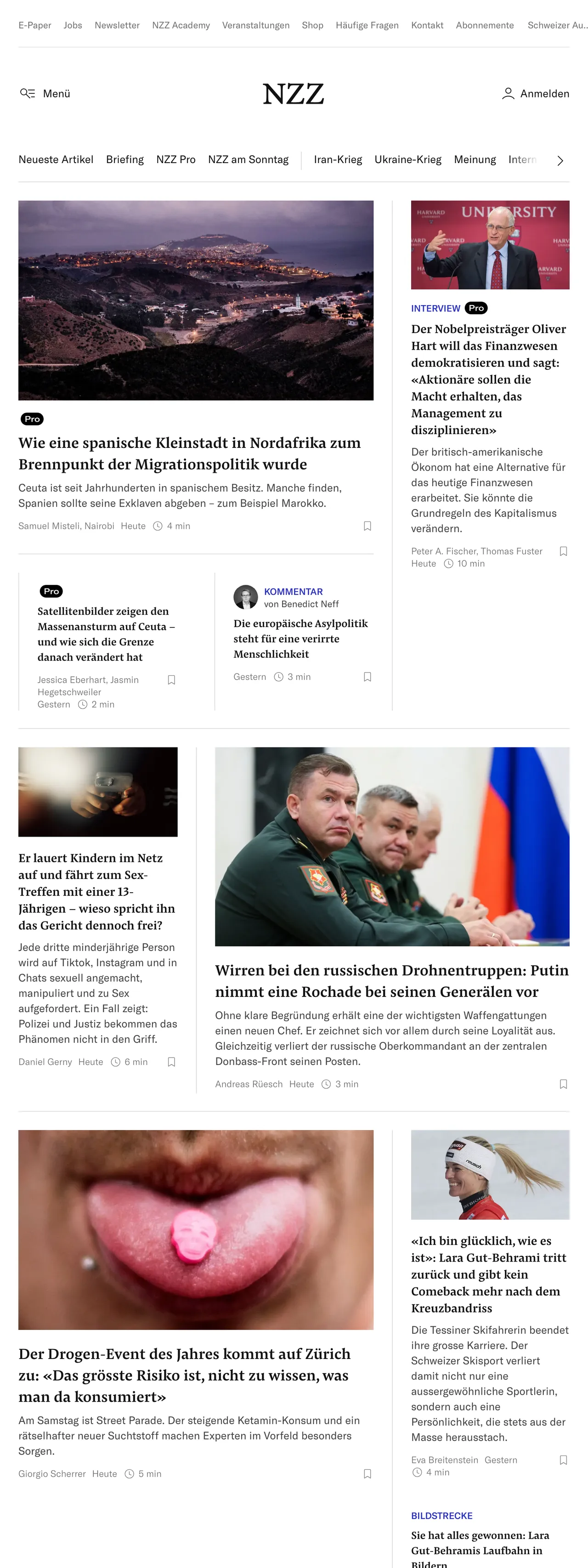 Screenshot of the Neue Zürcher Zeitung front page