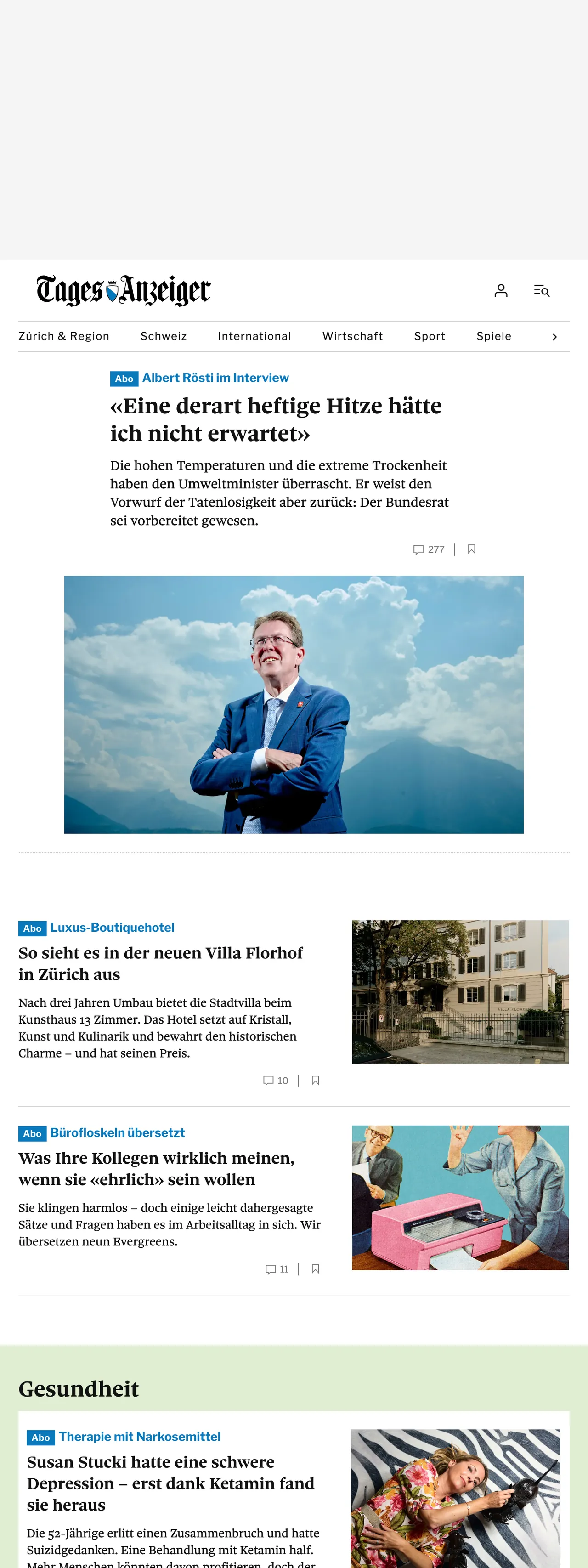 Screenshot of the Tages-Anzeiger front page