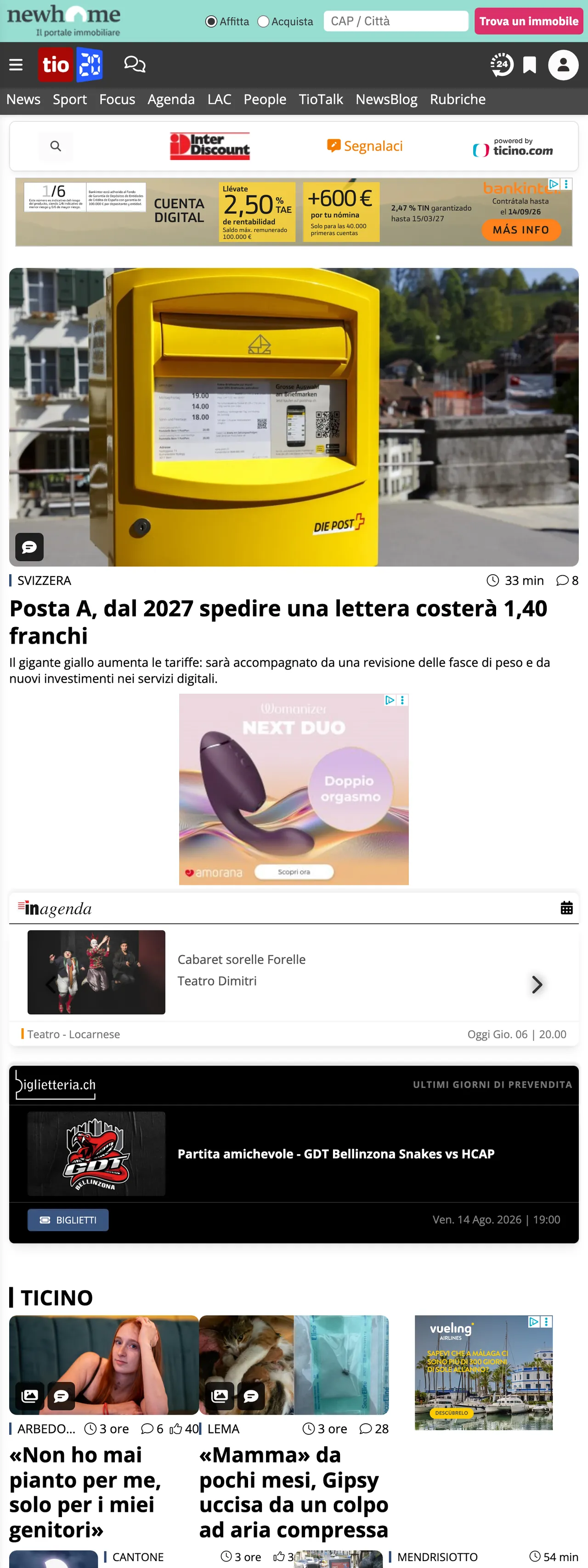 Screenshot of the Ticinonline front page