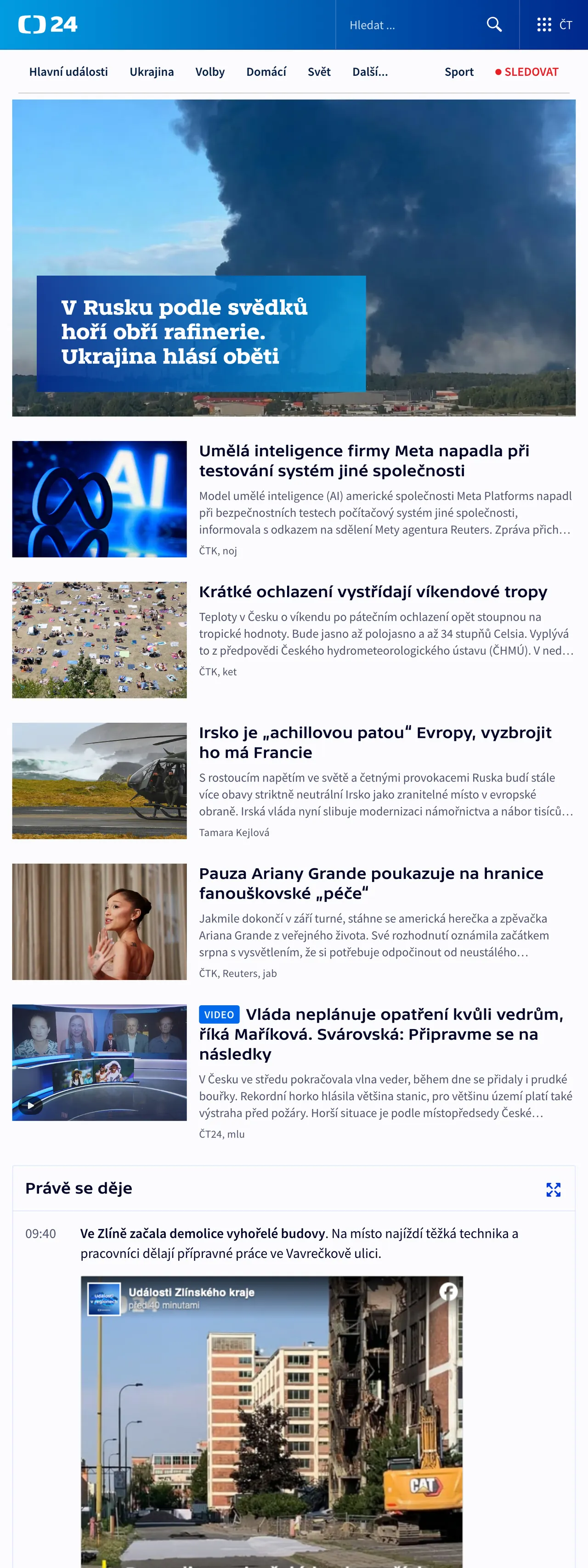 Screenshot of the ČT24 front page