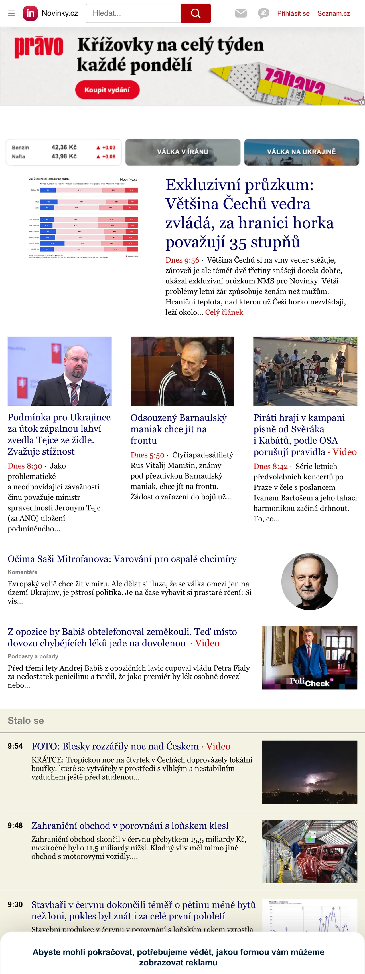 Screenshot of the Novinky.cz front page