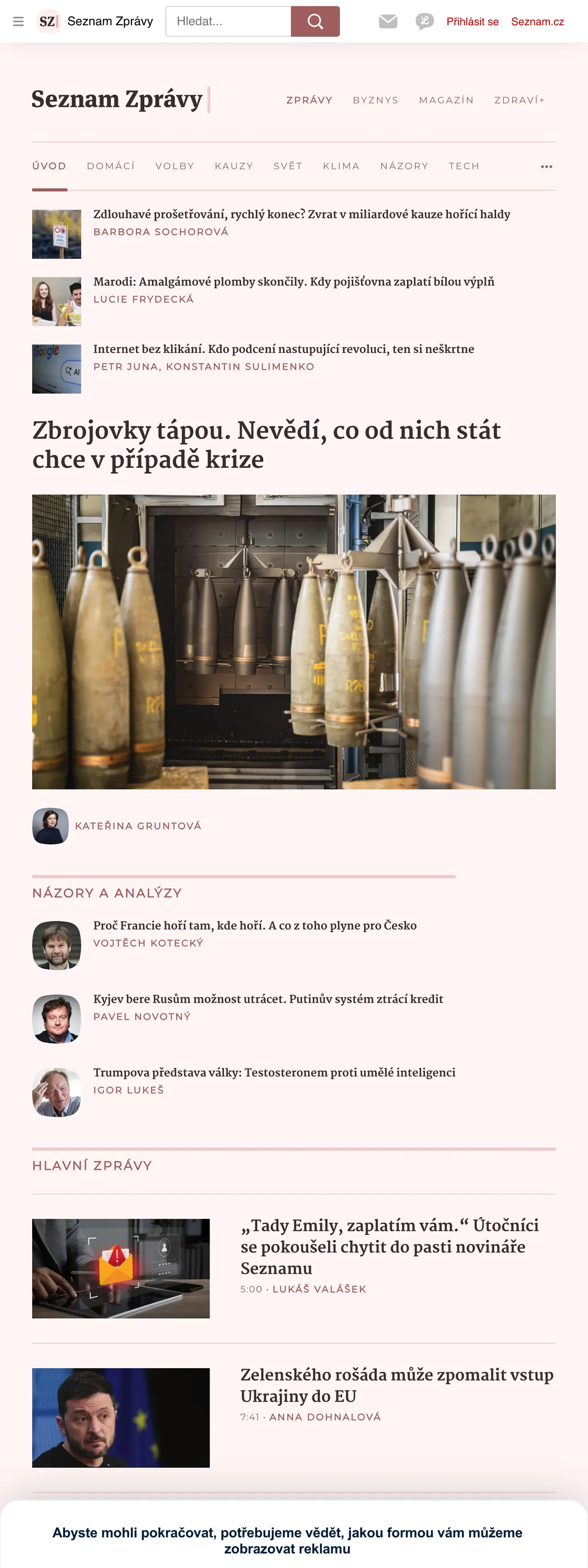 Screenshot of the Seznam Zprávy front page