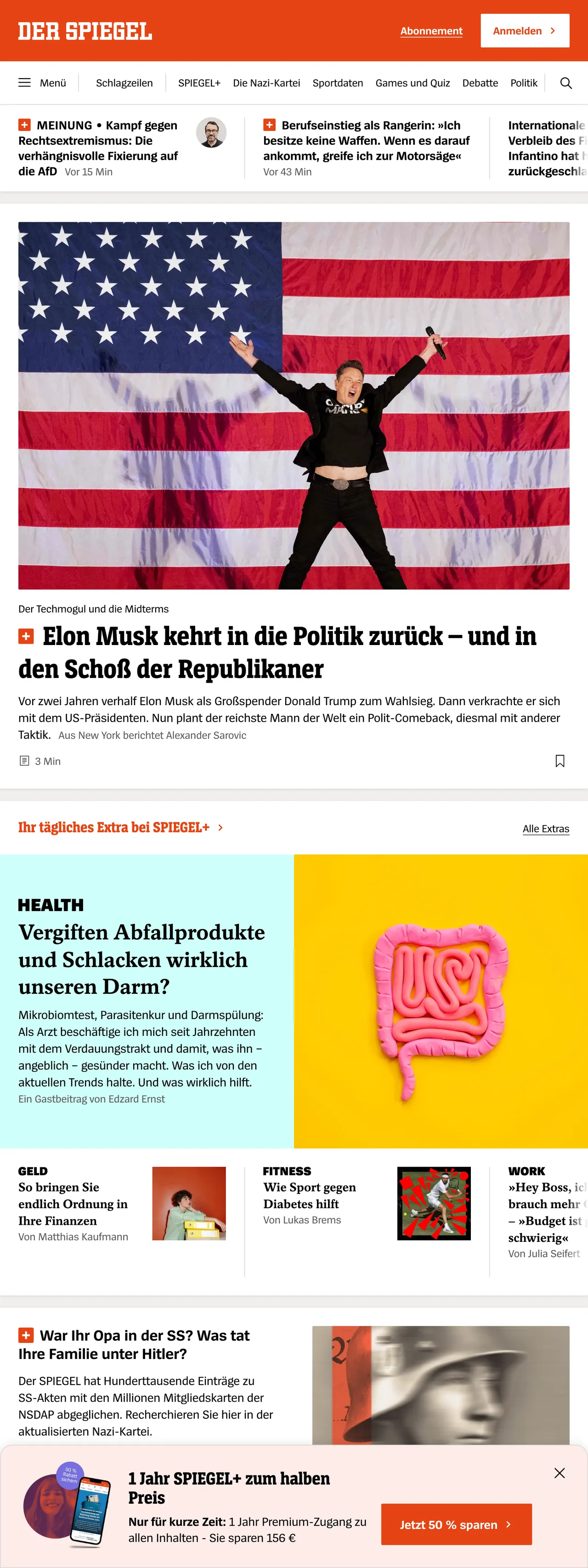 Screenshot of the DER SPIEGEL front page