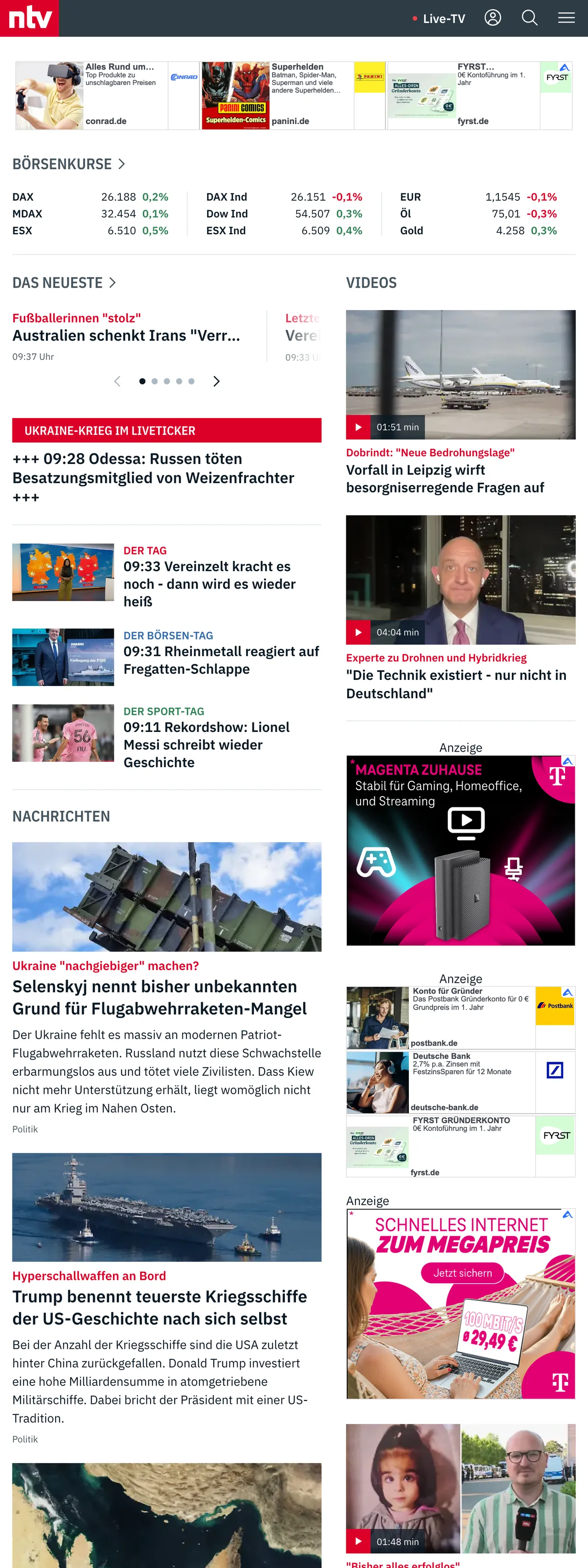 Screenshot of the n-tv front page